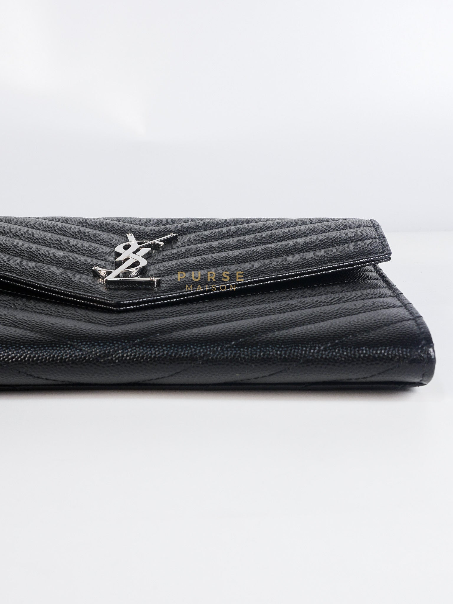 Envelope Clutch Bag in Black Chevron Matelasse Grain De Poudre Leather & Silver Hardware | Purse Maison Luxury Bags Shop