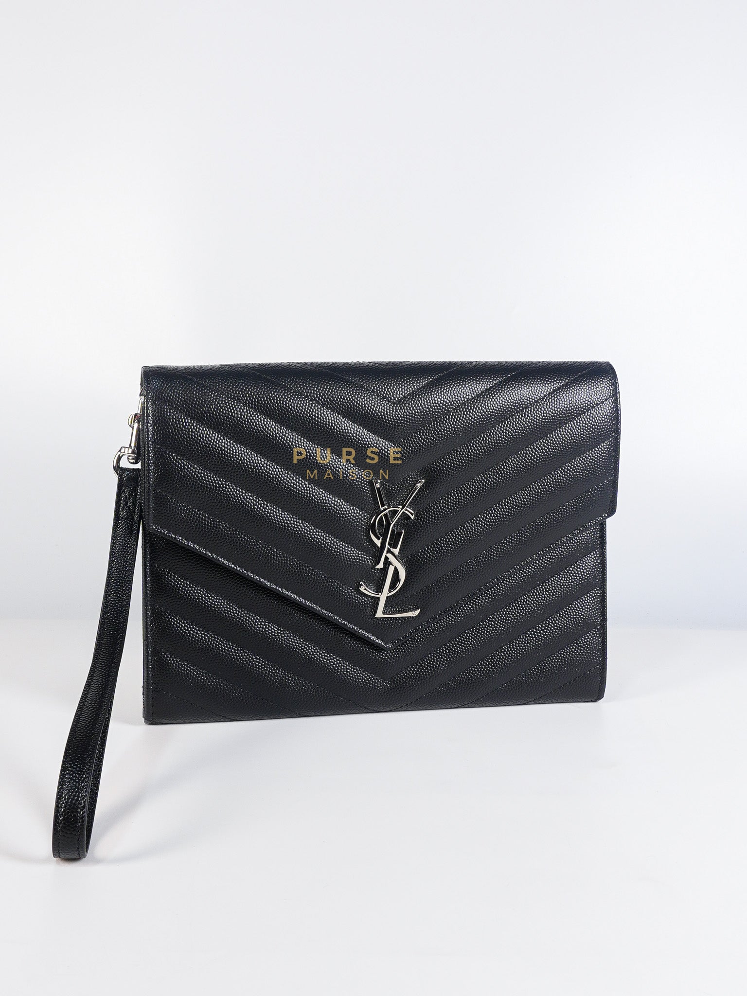 Envelope Clutch Bag in Black Chevron Matelasse Grain De Poudre Leather & Silver Hardware | Purse Maison Luxury Bags Shop
