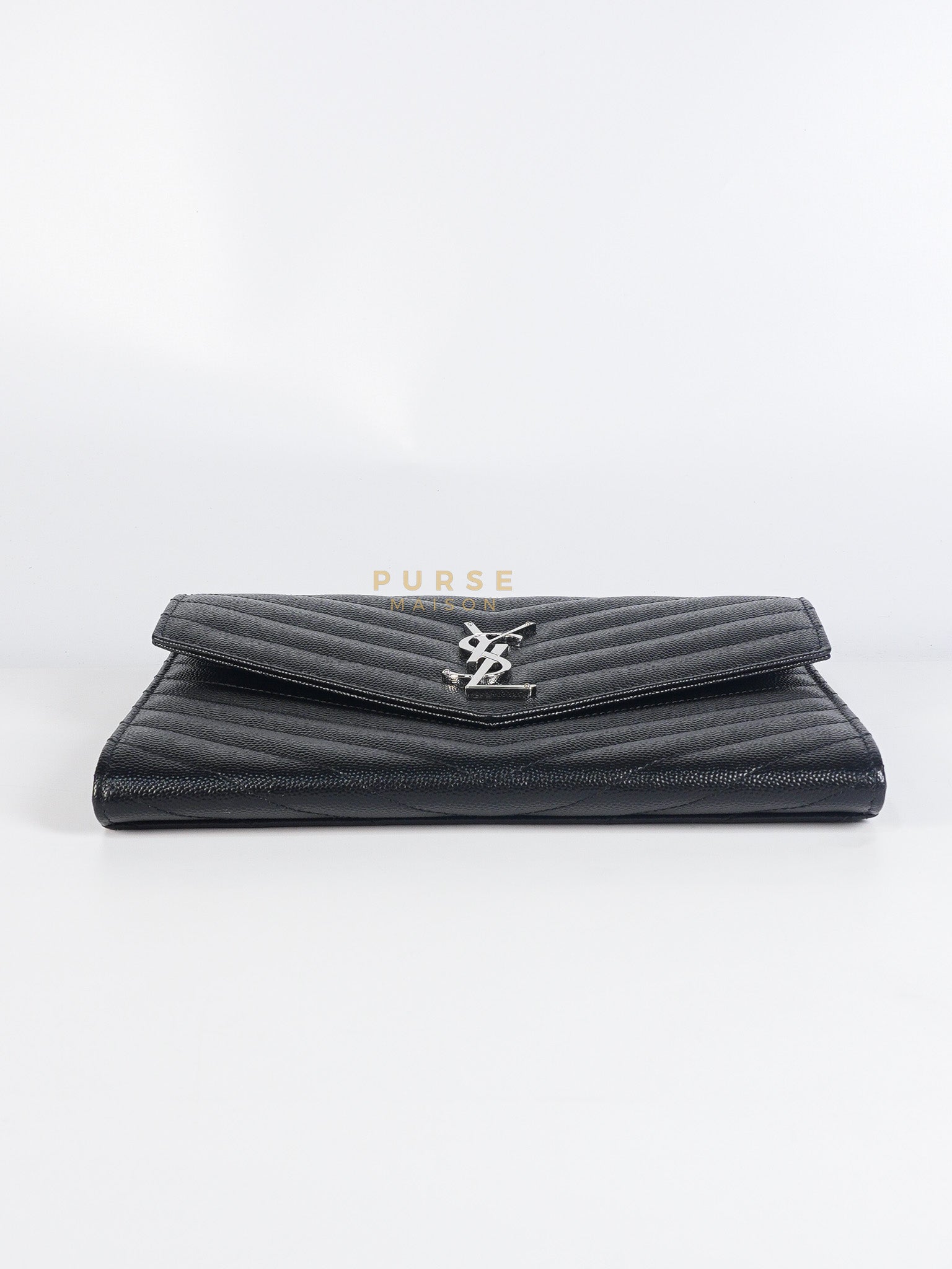 Envelope Clutch Bag in Black Chevron Matelasse Grain De Poudre Leather & Silver Hardware | Purse Maison Luxury Bags Shop
