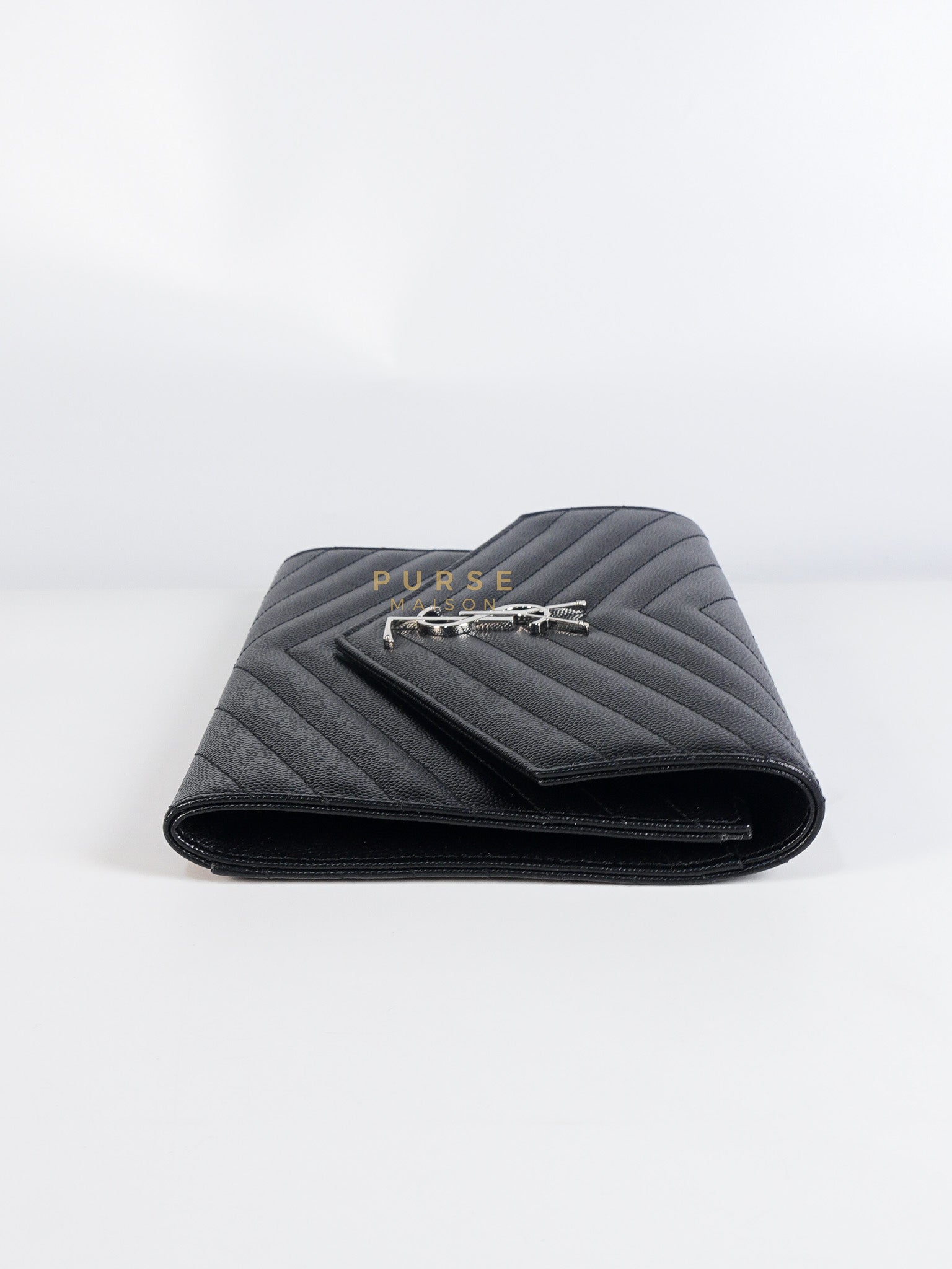 Envelope Clutch Bag in Black Chevron Matelasse Grain De Poudre Leather & Silver Hardware | Purse Maison Luxury Bags Shop