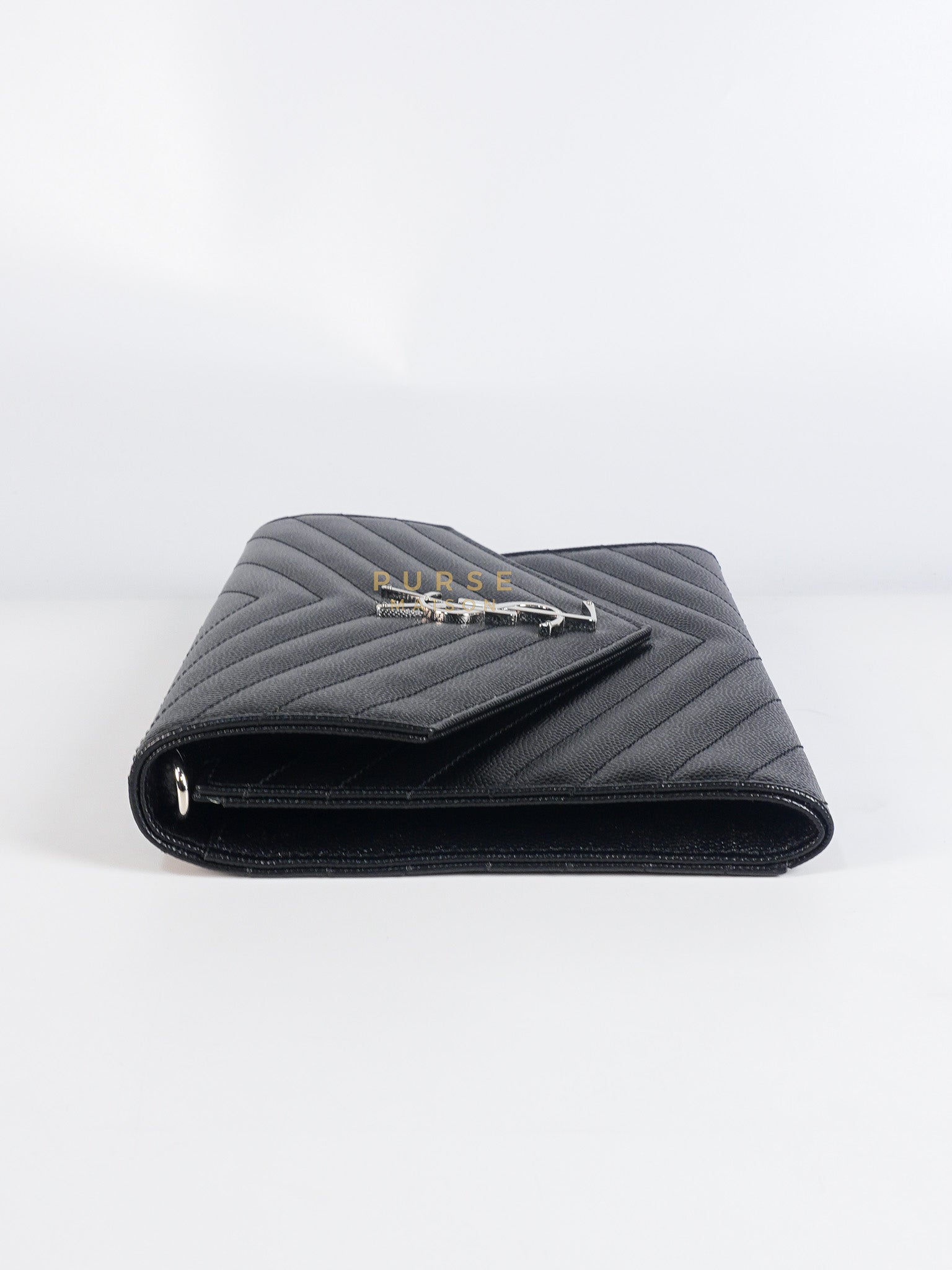 Envelope Clutch Bag in Black Chevron Matelasse Grain De Poudre Leather & Silver Hardware | Purse Maison Luxury Bags Shop