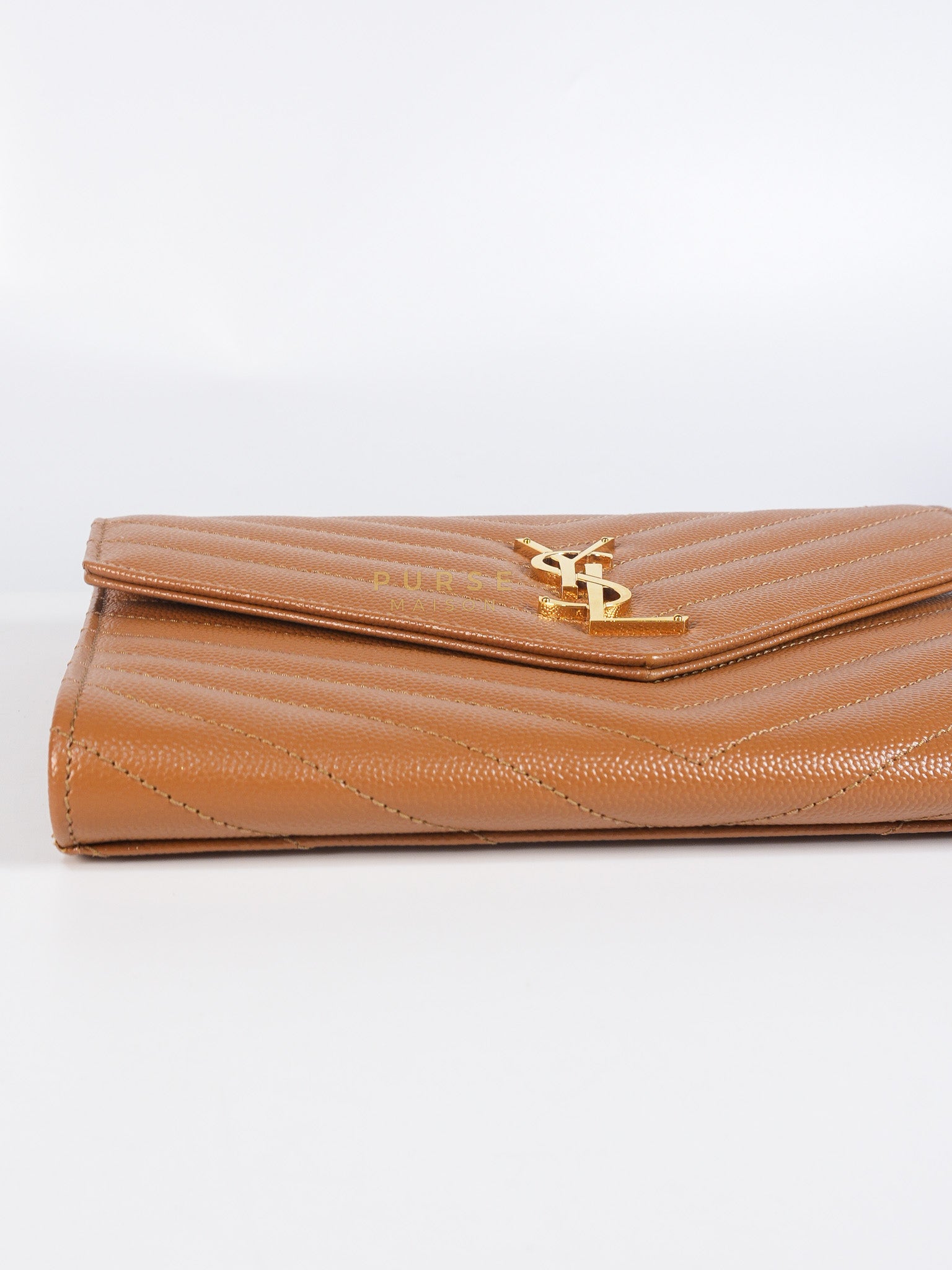 Envelope Clutch in Dark Caramel Cassandre Matellase Leather & Gold Hardware | Purse Maison Luxury Bags Shop