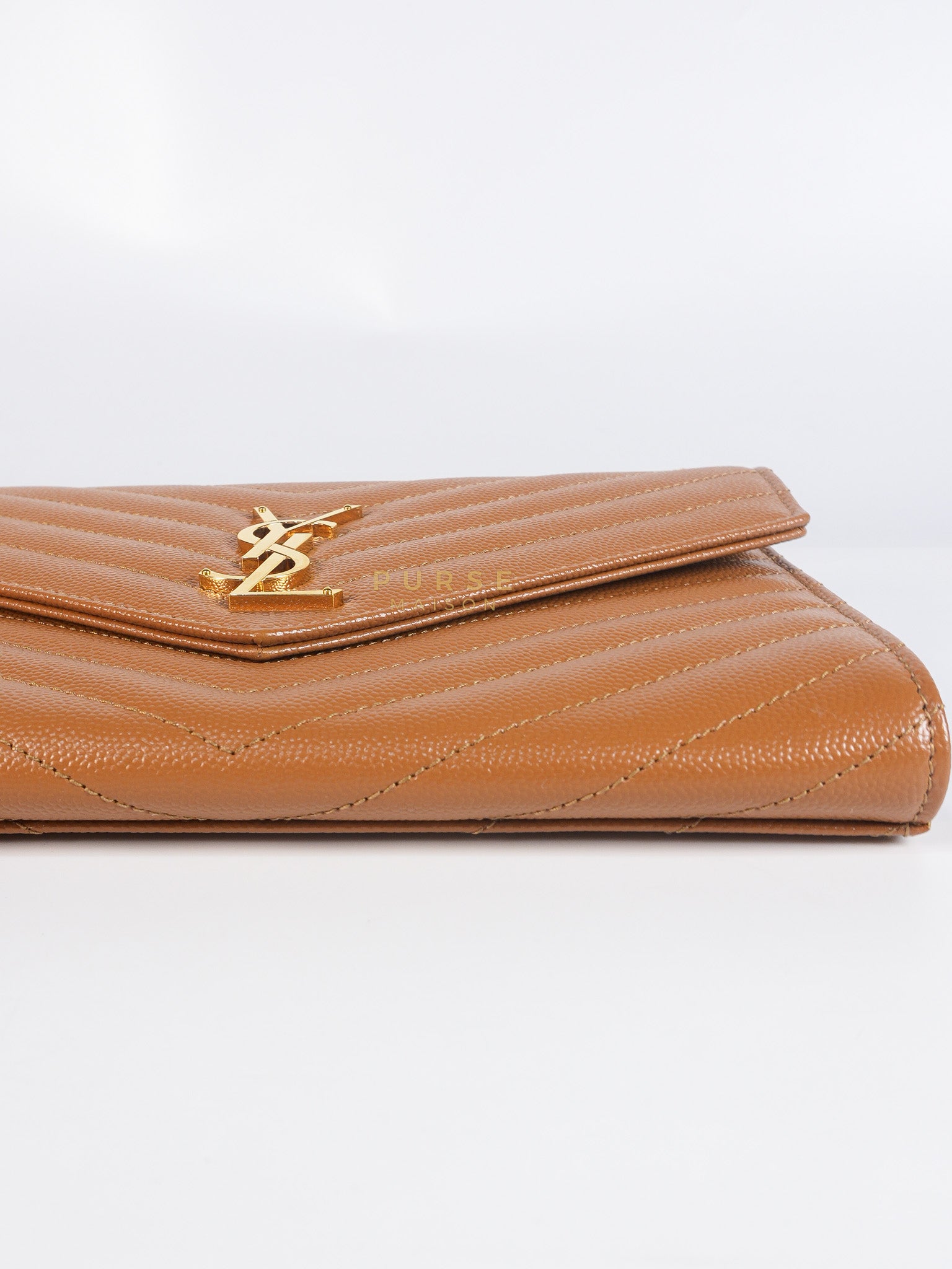 Envelope Clutch in Dark Caramel Cassandre Matellase Leather & Gold Hardware | Purse Maison Luxury Bags Shop