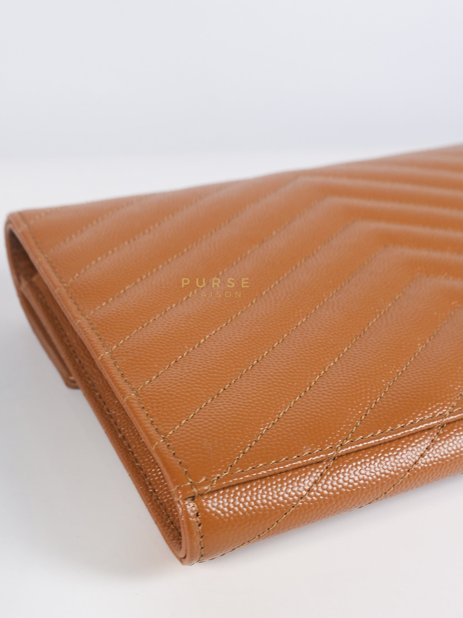 Envelope Clutch in Dark Caramel Cassandre Matellase Leather & Gold Hardware | Purse Maison Luxury Bags Shop