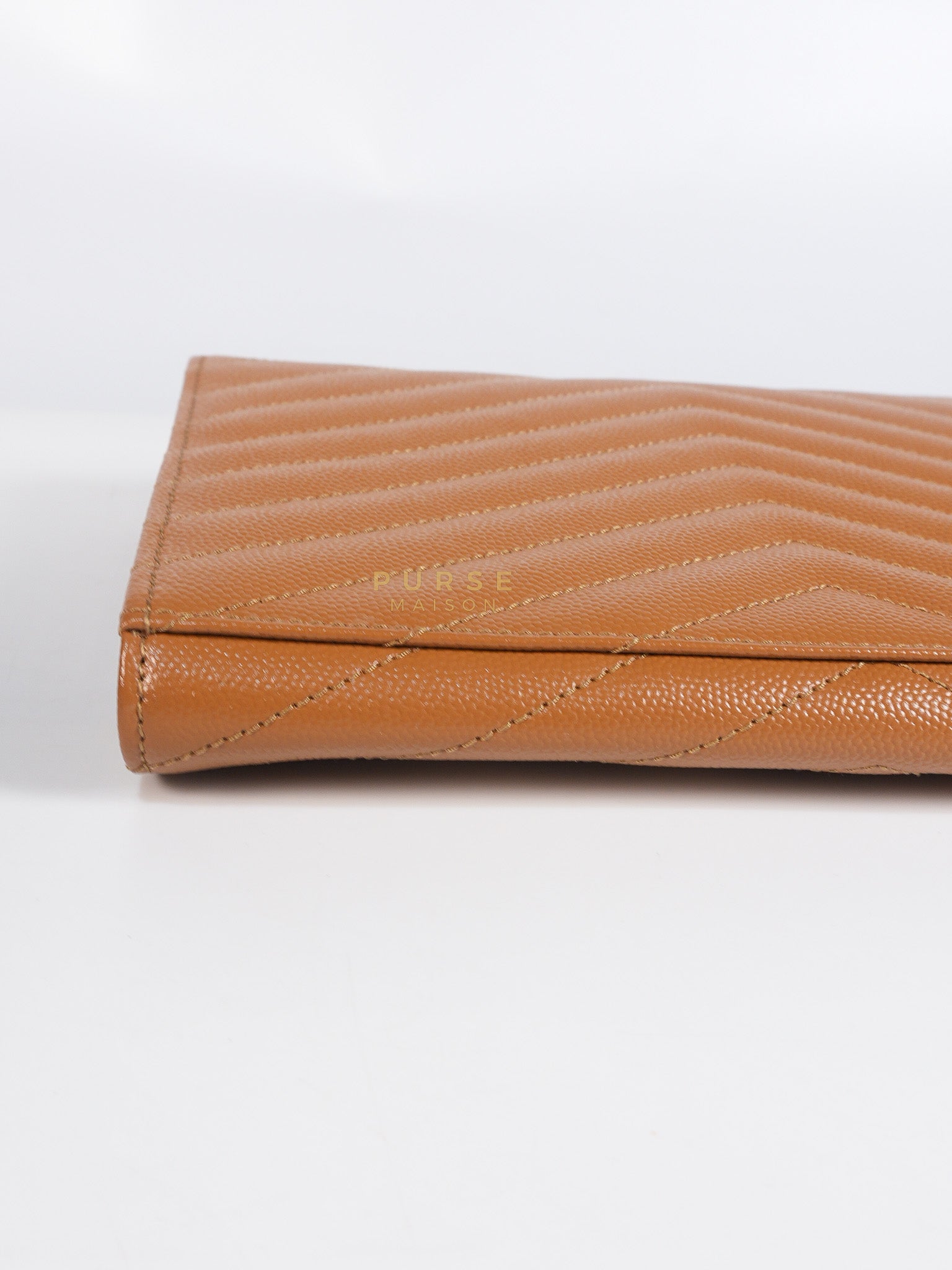 Envelope Clutch in Dark Caramel Cassandre Matellase Leather & Gold Hardware | Purse Maison Luxury Bags Shop