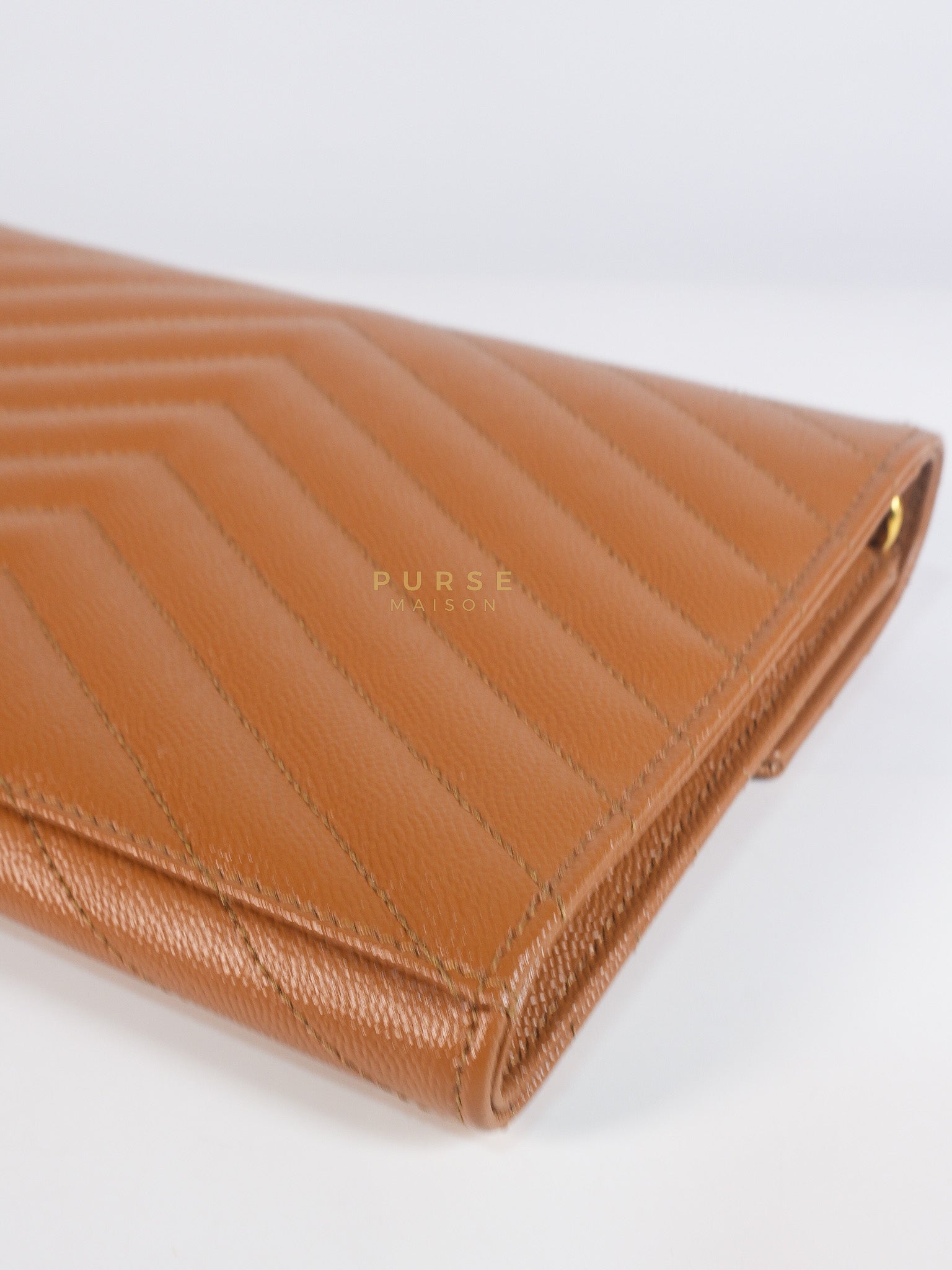 Envelope Clutch in Dark Caramel Cassandre Matellase Leather & Gold Hardware | Purse Maison Luxury Bags Shop