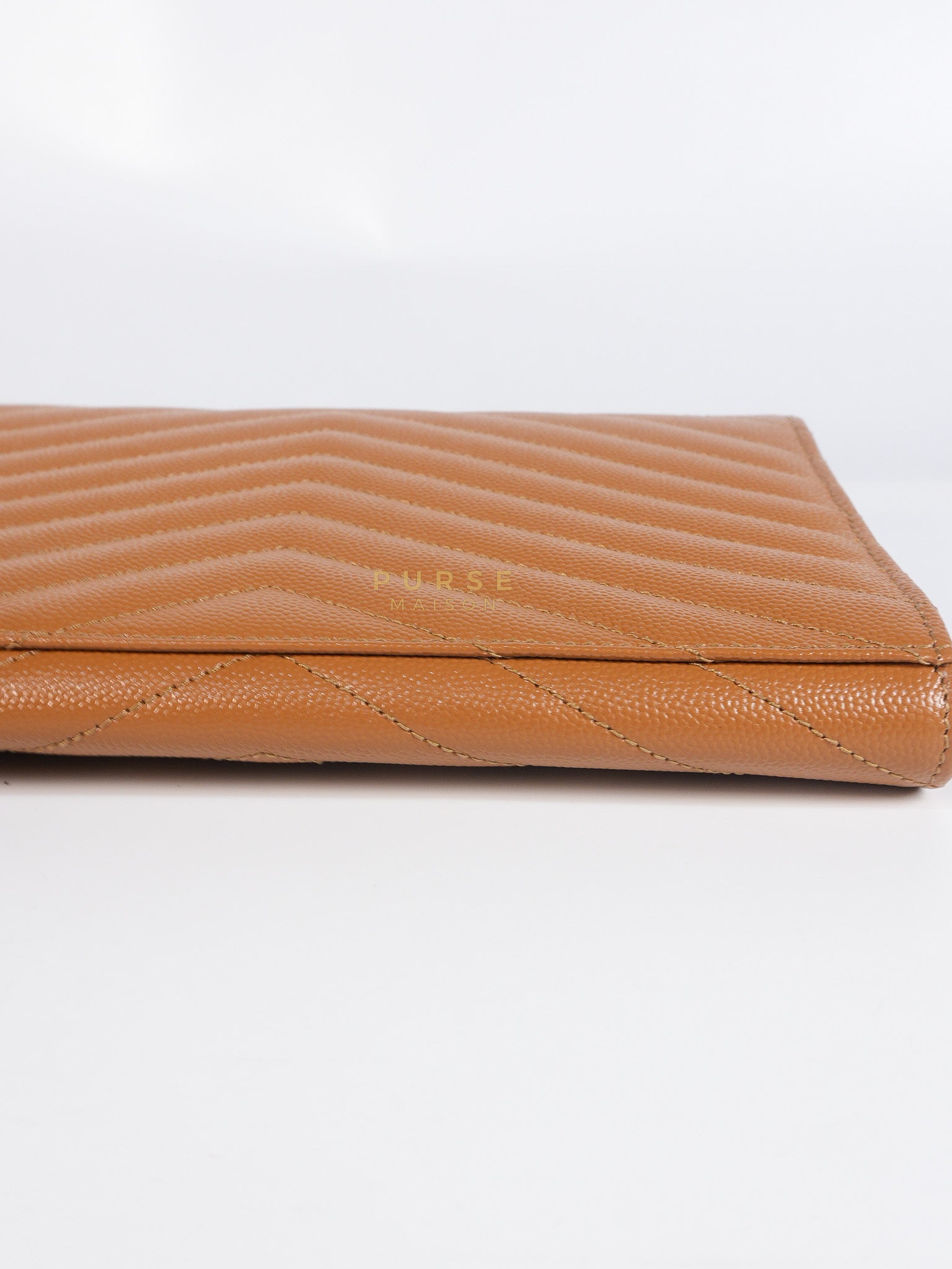 Envelope Clutch in Dark Caramel Cassandre Matellase Leather & Gold Hardware | Purse Maison Luxury Bags Shop