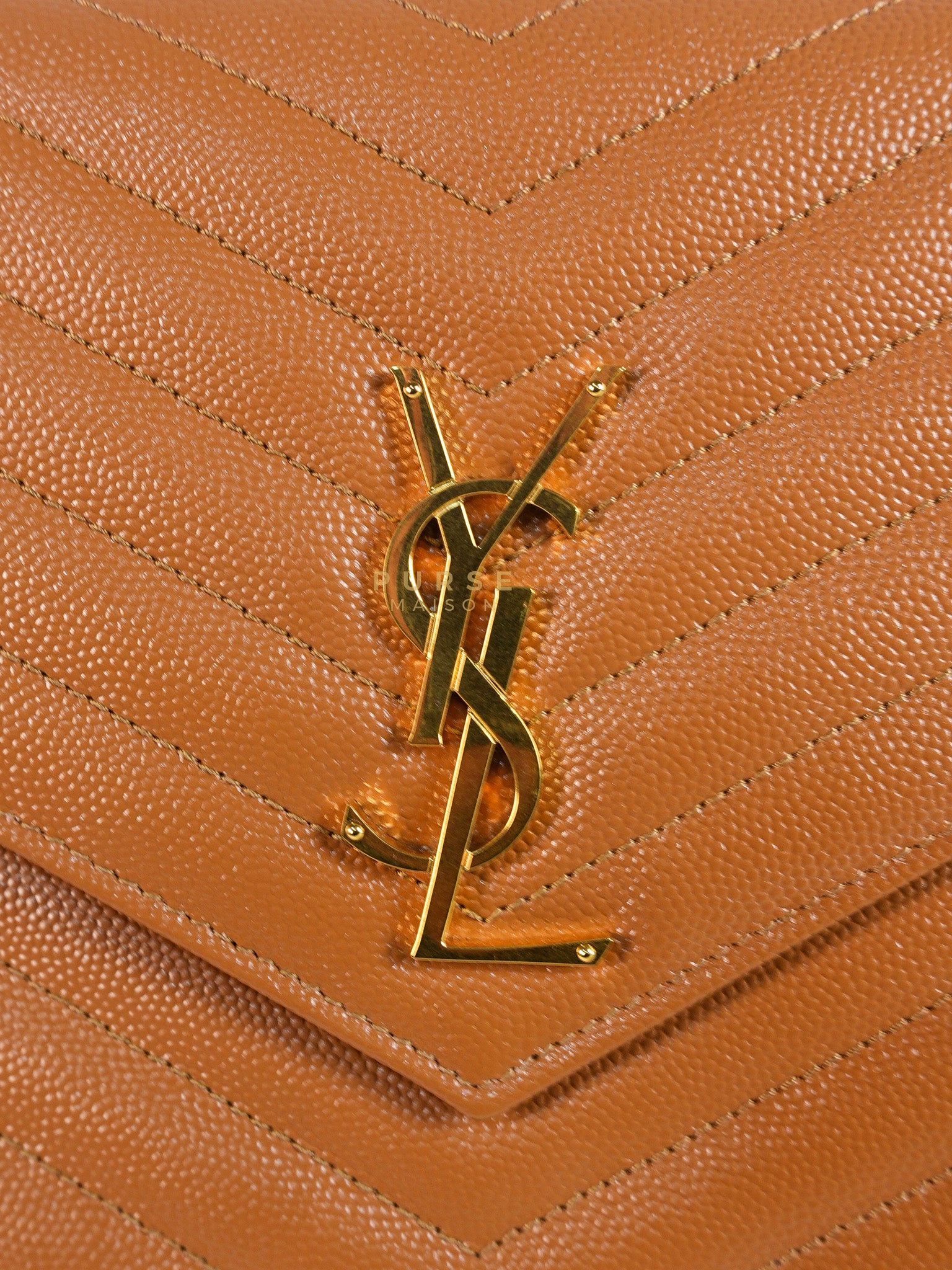 Envelope Clutch in Dark Caramel Cassandre Matellase Leather & Gold Hardware | Purse Maison Luxury Bags Shop