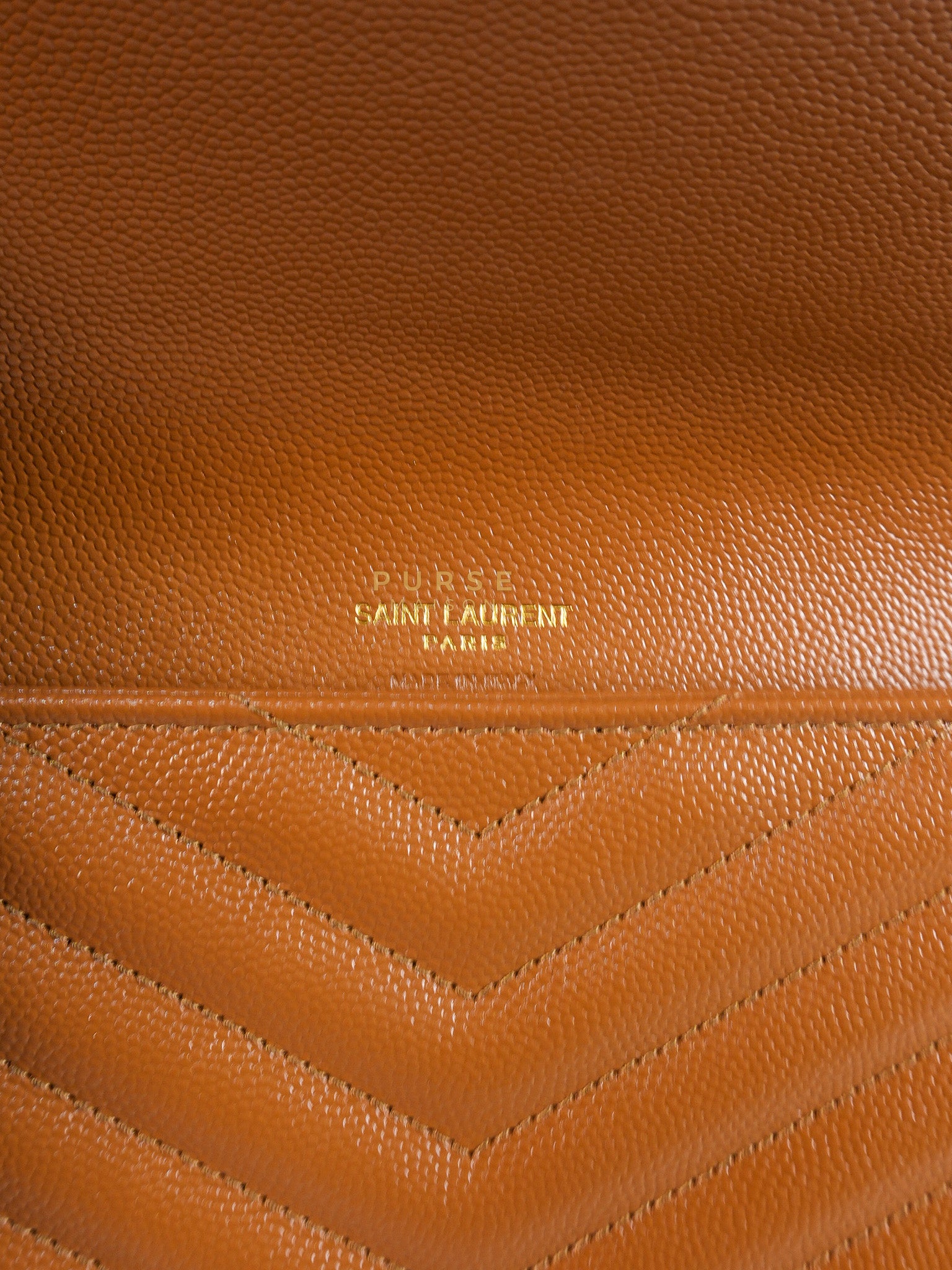Envelope Clutch in Dark Caramel Cassandre Matellase Leather & Gold Hardware | Purse Maison Luxury Bags Shop