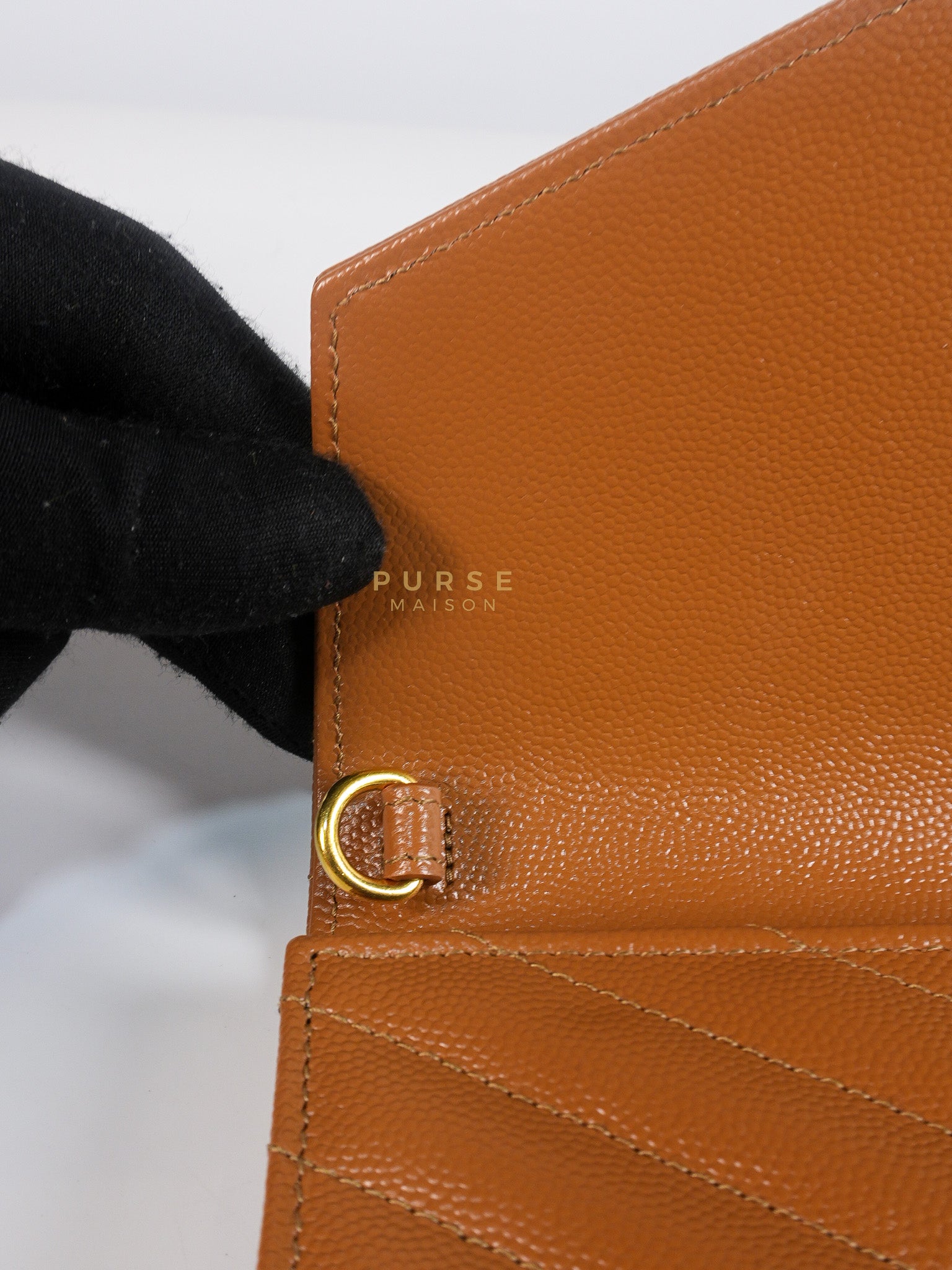 Envelope Clutch in Dark Caramel Cassandre Matellase Leather & Gold Hardware | Purse Maison Luxury Bags Shop