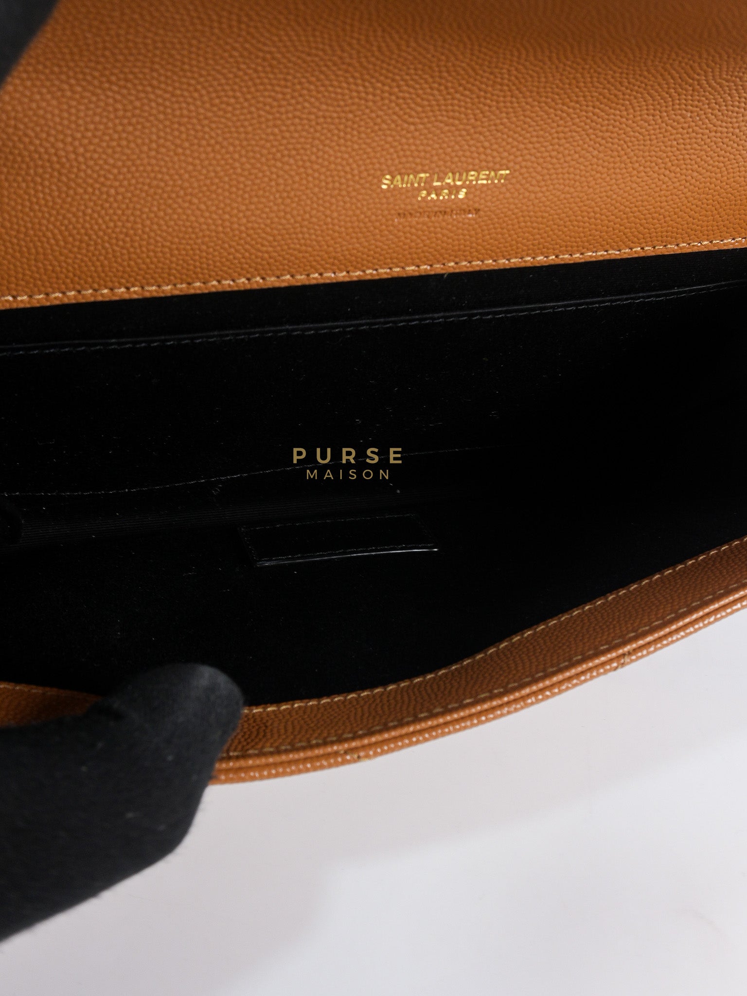 Envelope Clutch in Dark Caramel Cassandre Matellase Leather & Gold Hardware | Purse Maison Luxury Bags Shop