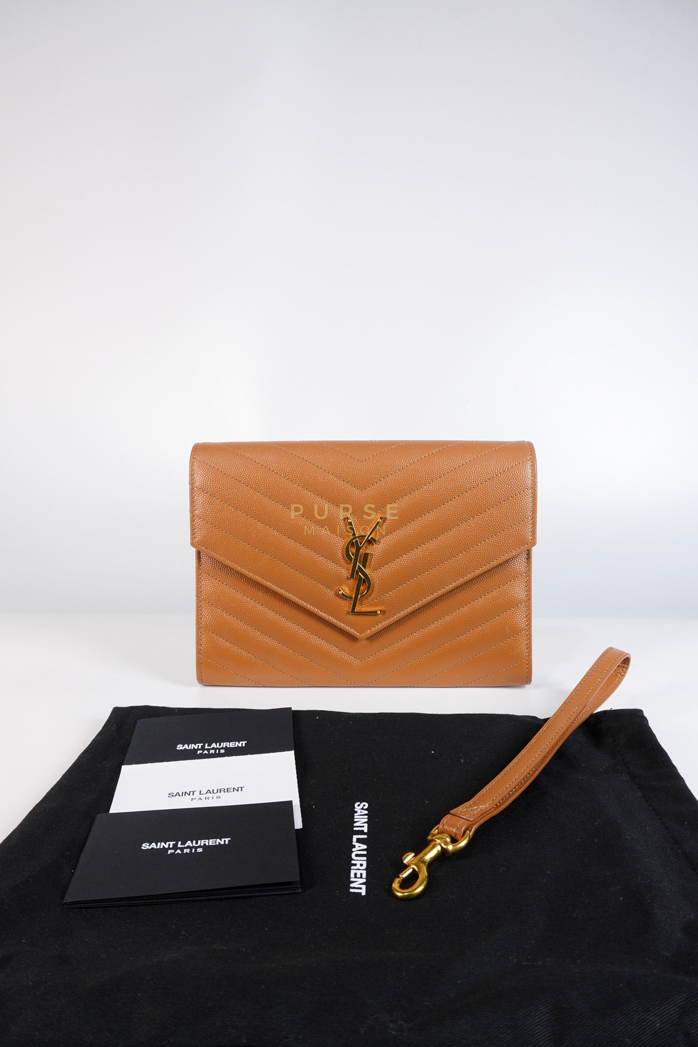 Envelope Clutch in Dark Caramel Cassandre Matellase Leather & Gold Hardware | Purse Maison Luxury Bags Shop