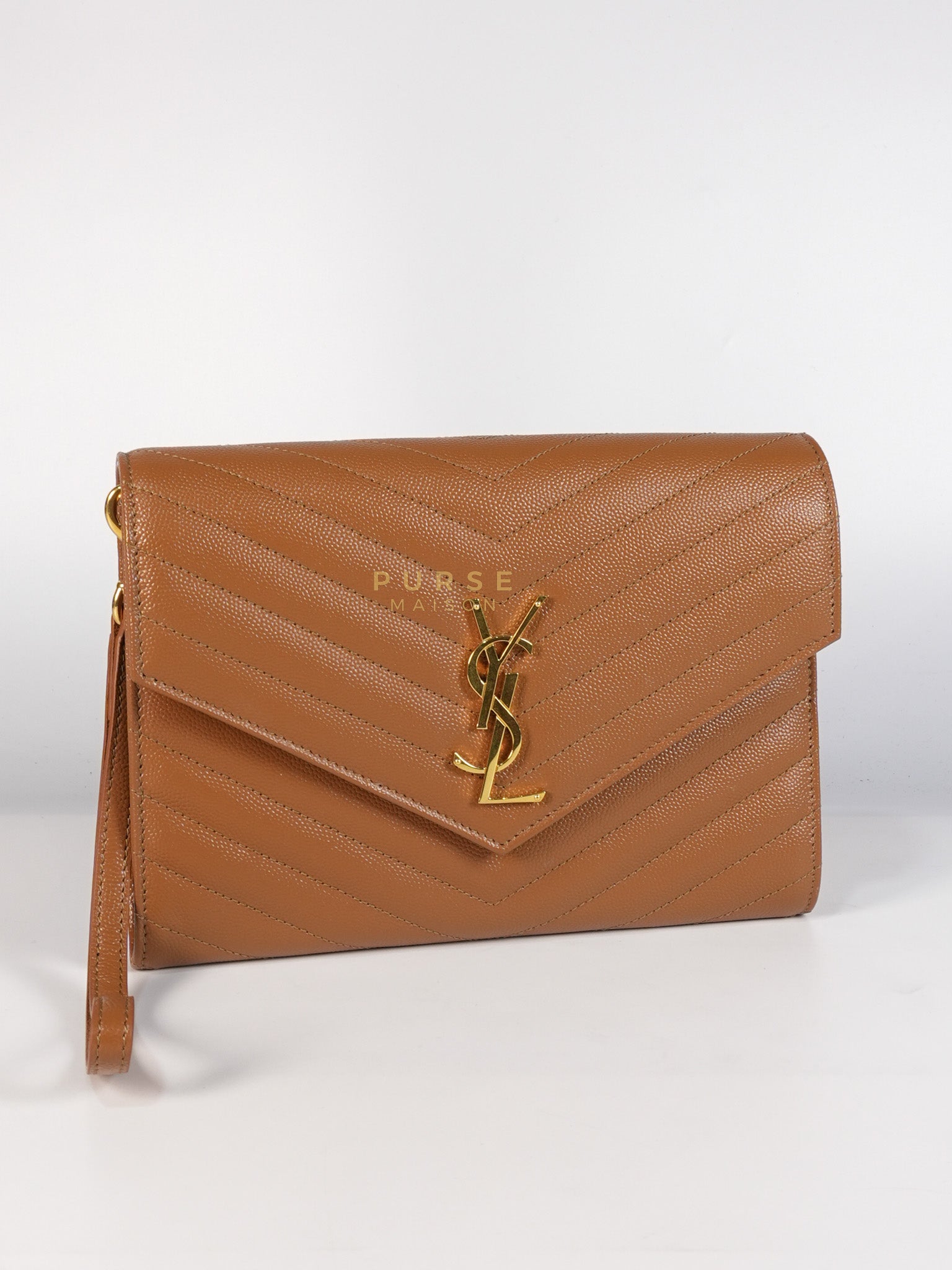 Envelope Clutch in Dark Caramel Cassandre Matellase Leather & Gold Hardware | Purse Maison Luxury Bags Shop