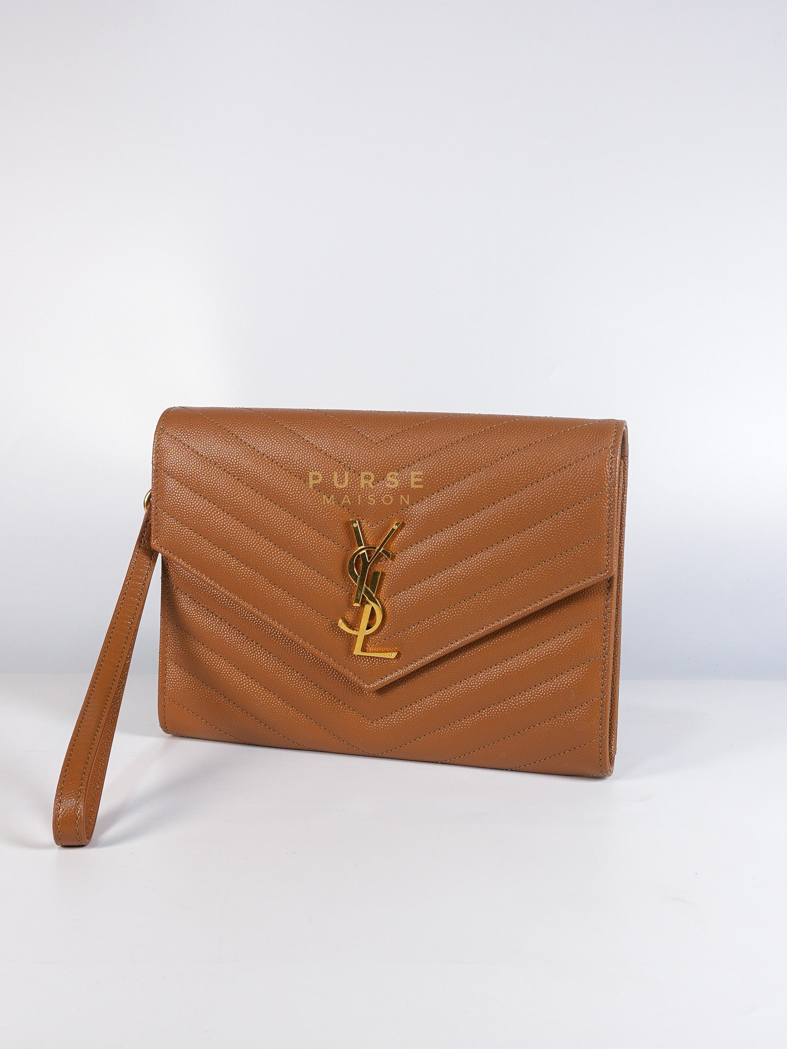 Envelope Clutch in Dark Caramel Cassandre Matellase Leather & Gold Hardware | Purse Maison Luxury Bags Shop