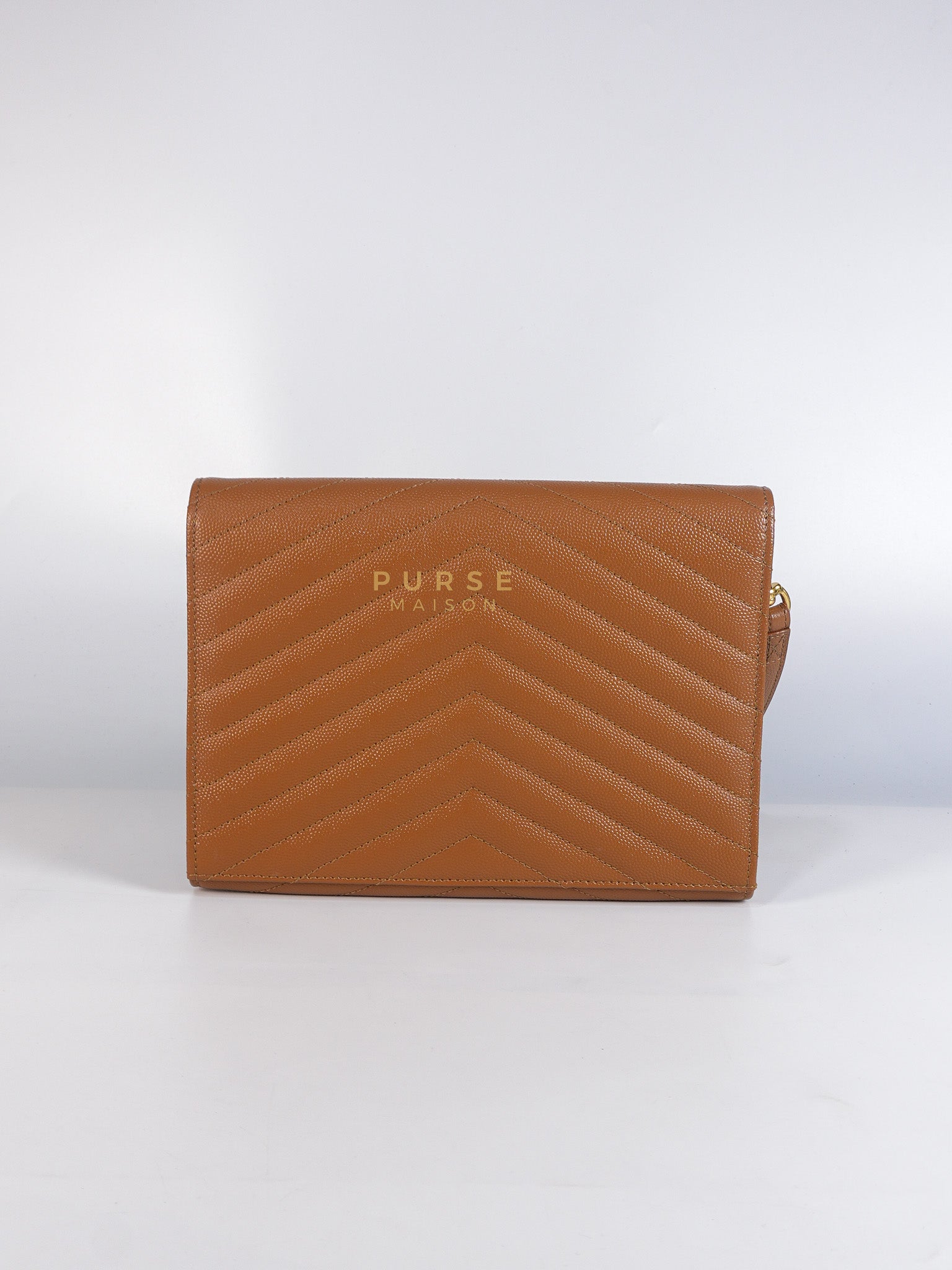 Envelope Clutch in Dark Caramel Cassandre Matellase Leather & Gold Hardware | Purse Maison Luxury Bags Shop