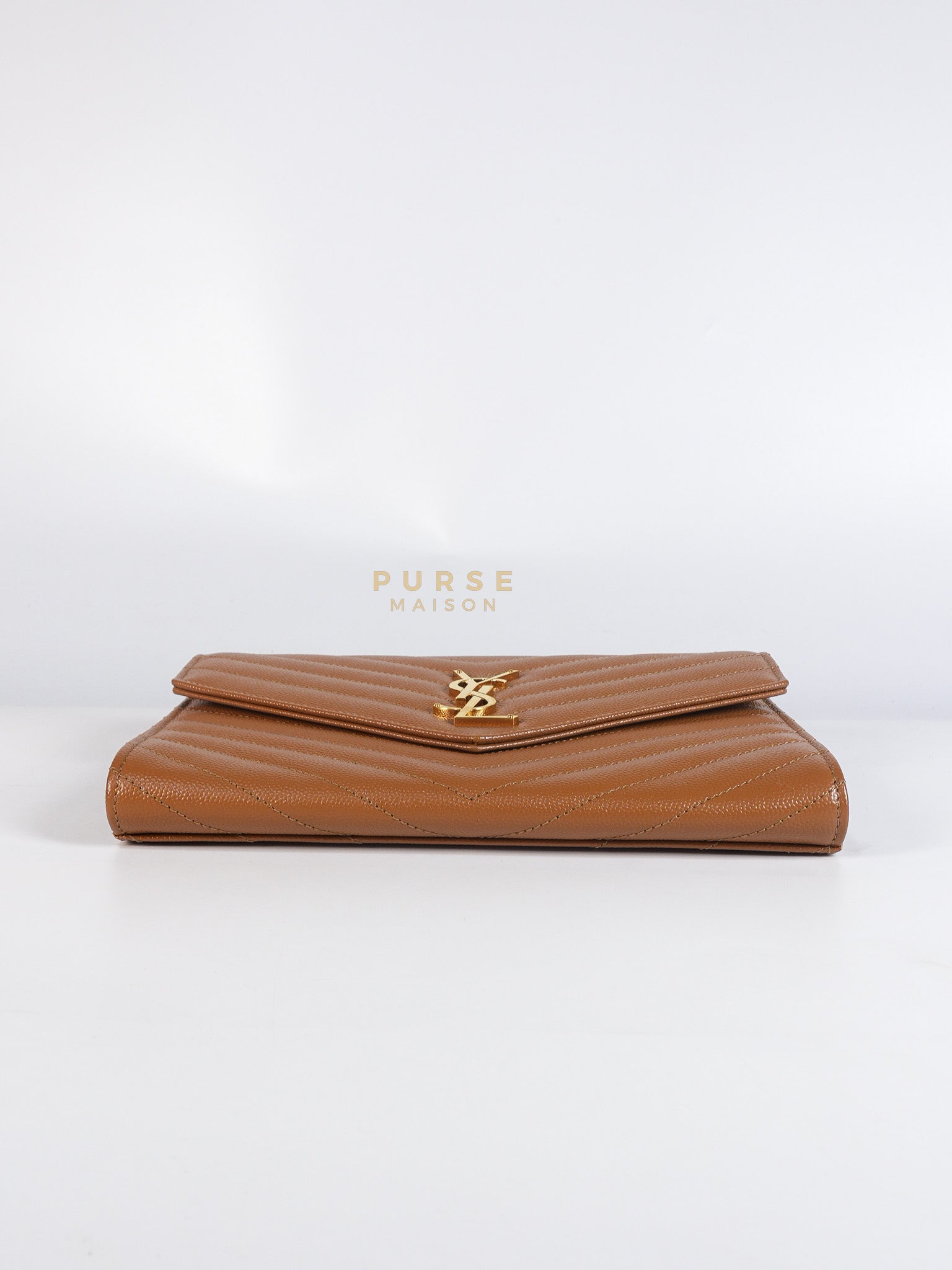 Envelope Clutch in Dark Caramel Cassandre Matellase Leather & Gold Hardware | Purse Maison Luxury Bags Shop