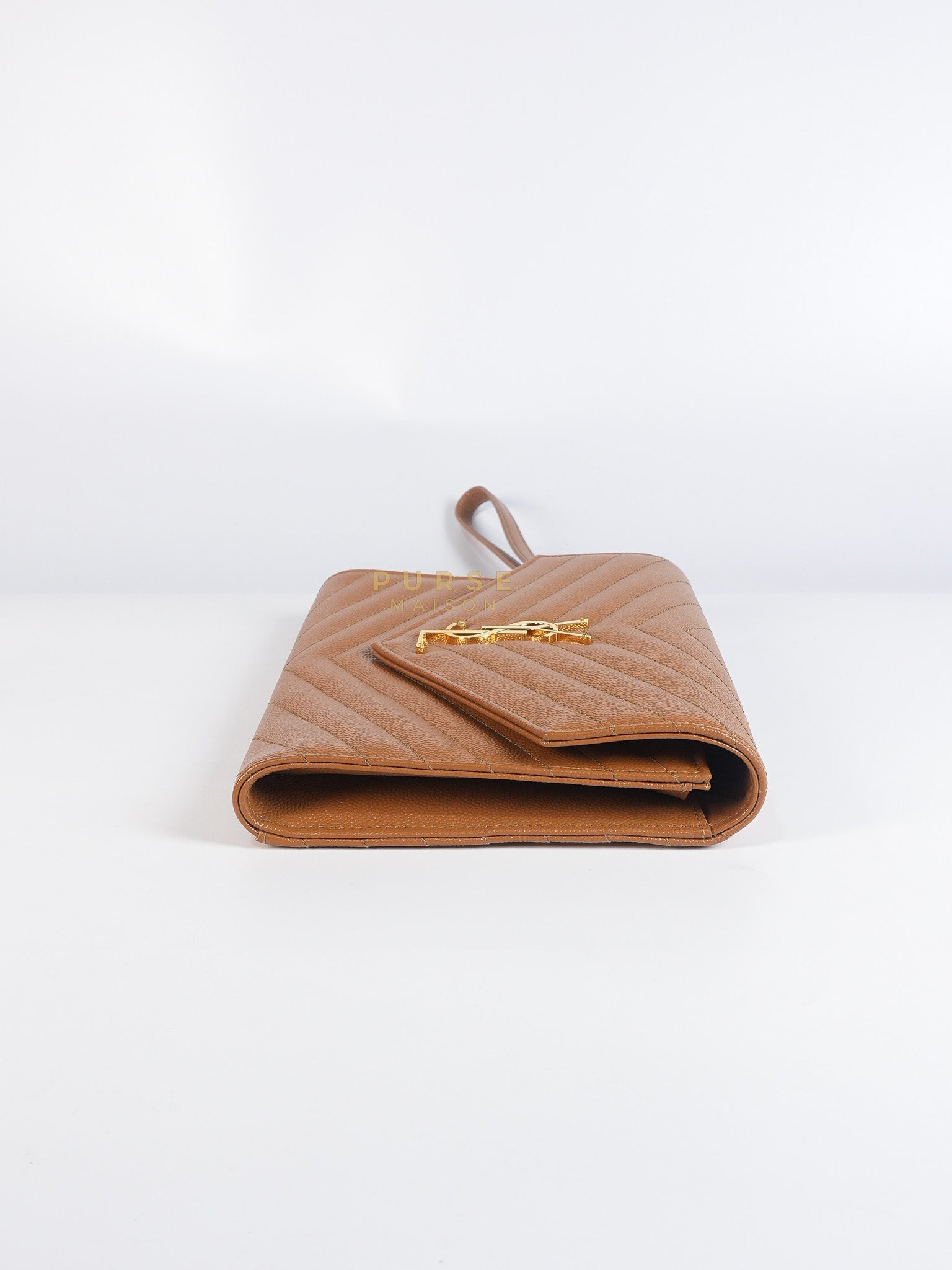 Envelope Clutch in Dark Caramel Cassandre Matellase Leather & Gold Hardware | Purse Maison Luxury Bags Shop