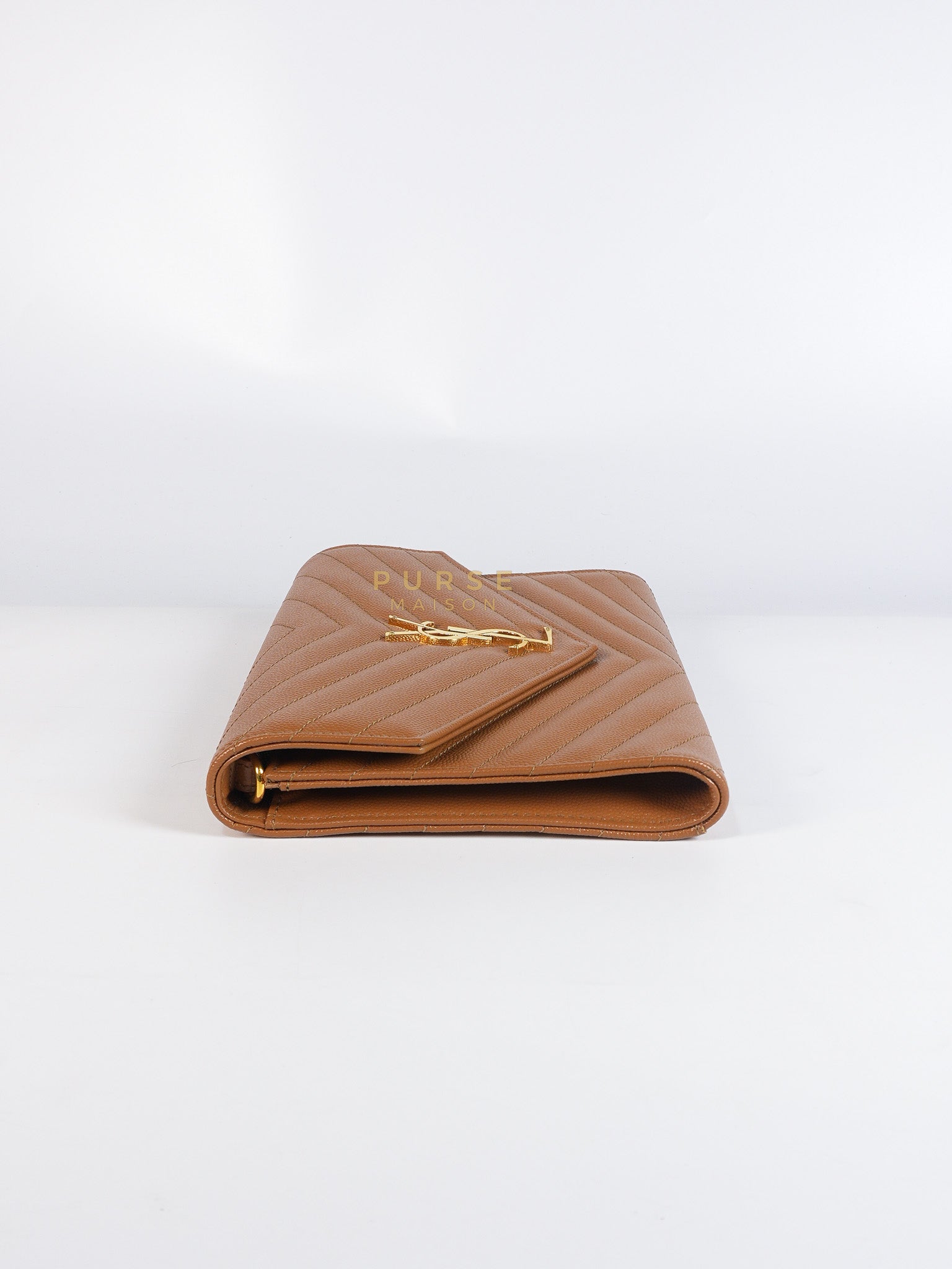 Envelope Clutch in Dark Caramel Cassandre Matellase Leather & Gold Hardware | Purse Maison Luxury Bags Shop