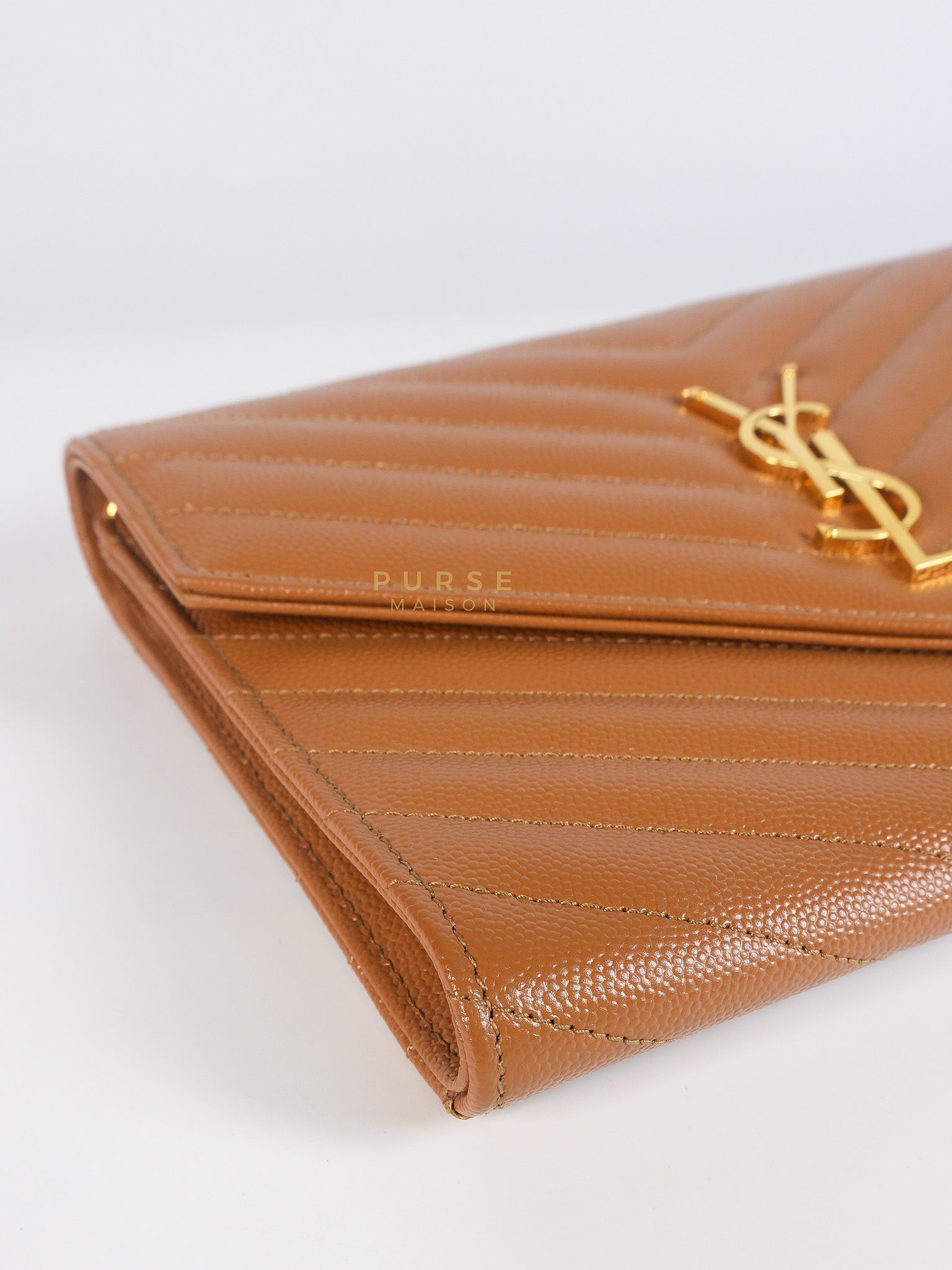Envelope Clutch in Dark Caramel Cassandre Matellase Leather & Gold Hardware | Purse Maison Luxury Bags Shop