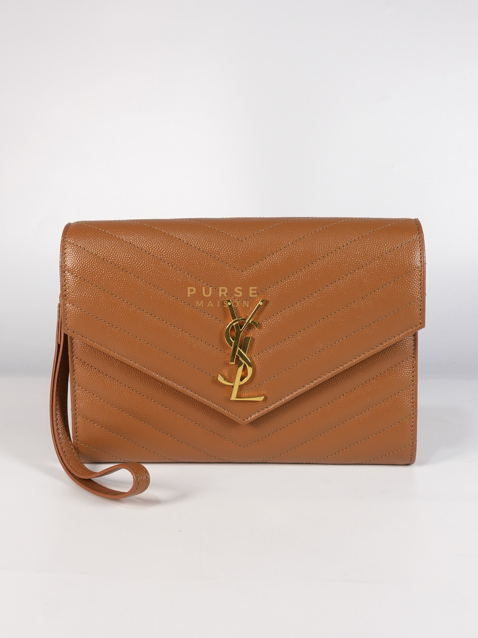 Envelope Clutch in Dark Caramel Cassandre Matellase Leather & Gold Hardware | Purse Maison Luxury Bags Shop