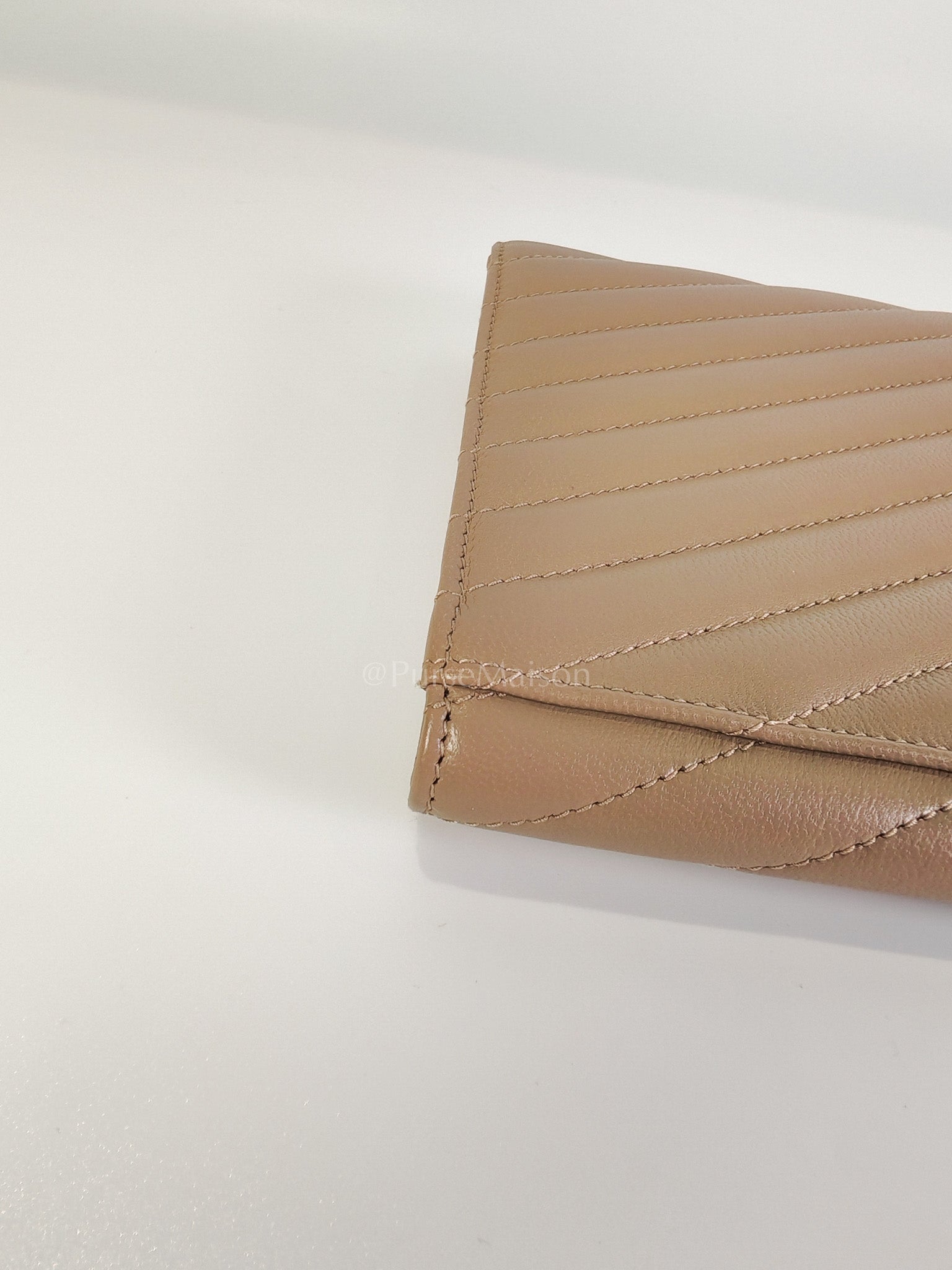 Envelope Clutch in Taupe Cassandre Matellase Calfskin Leather & Gold Hardware | Purse Maison Luxury Bags Shop