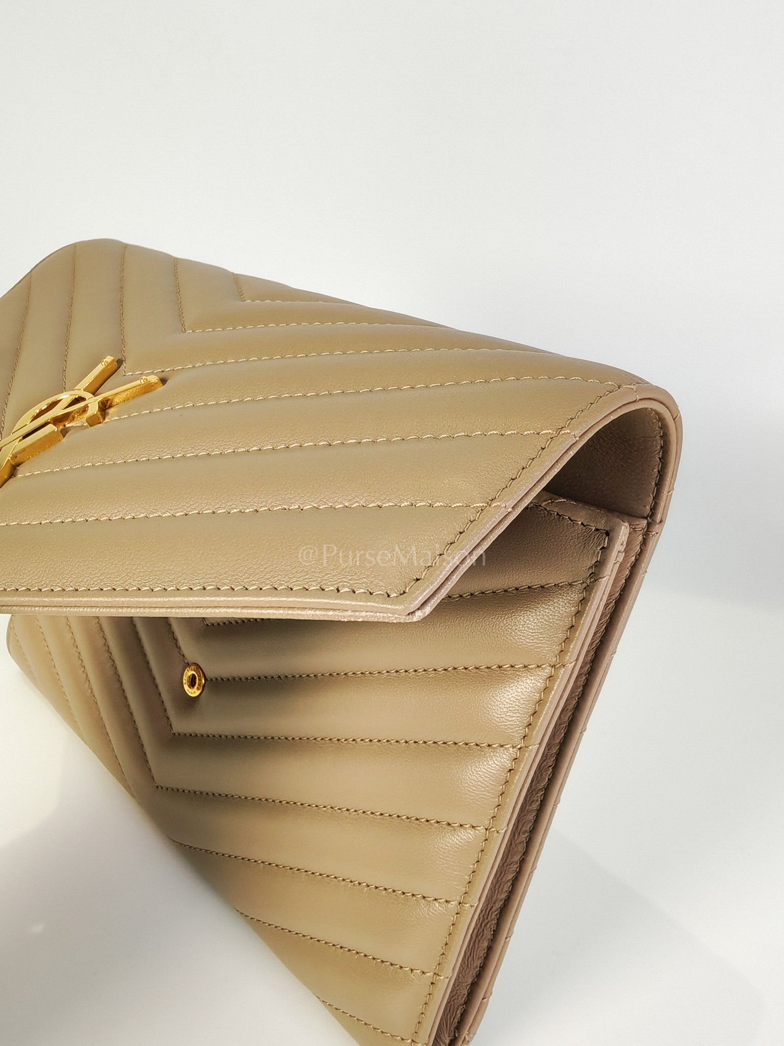 Envelope Clutch in Taupe Cassandre Matellase Calfskin Leather & Gold Hardware | Purse Maison Luxury Bags Shop