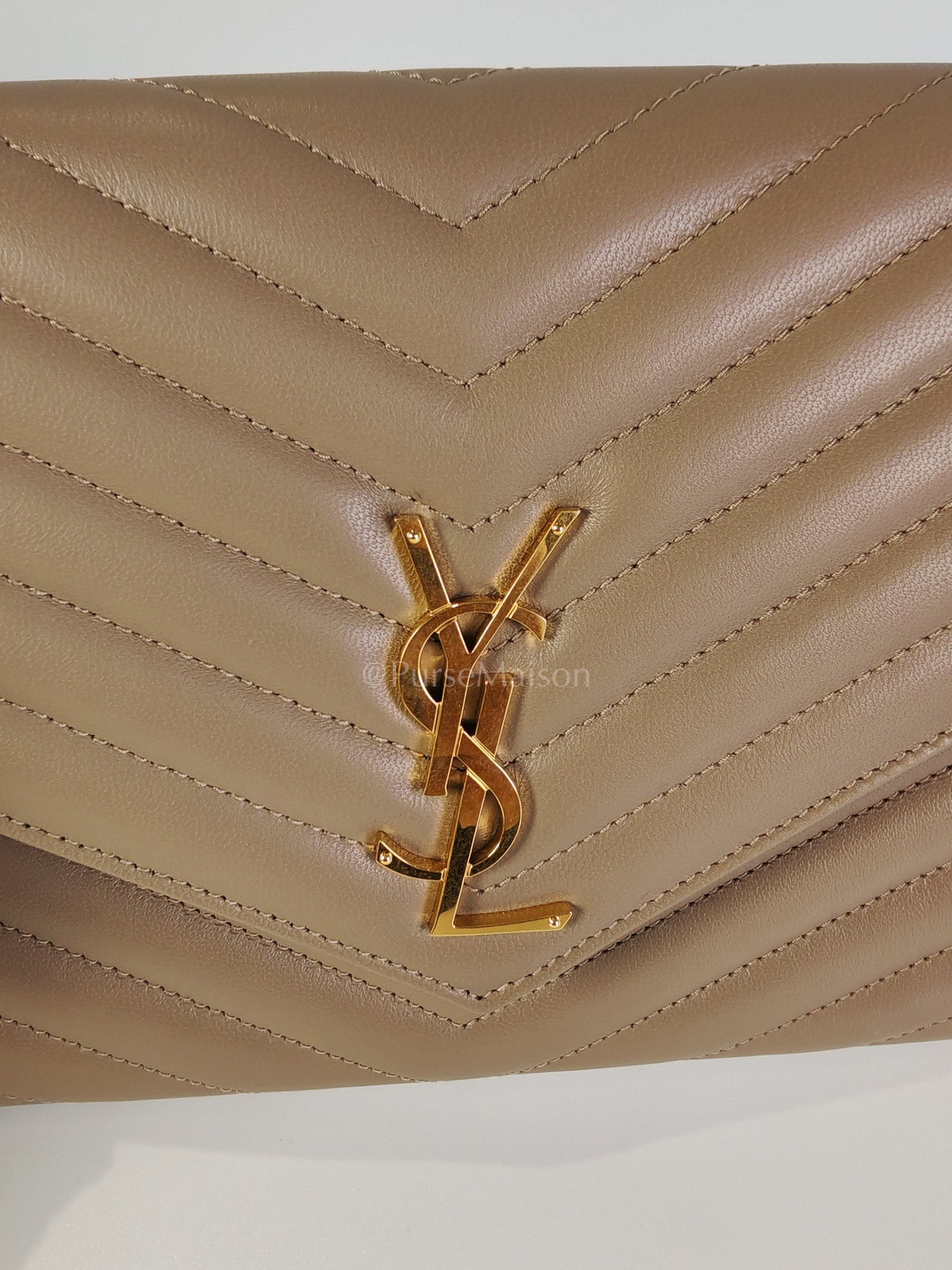 Envelope Clutch in Taupe Cassandre Matellase Calfskin Leather & Gold Hardware | Purse Maison Luxury Bags Shop