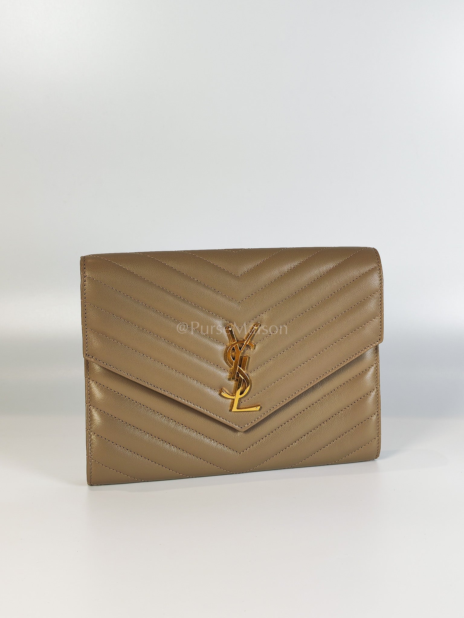 Envelope Clutch in Taupe Cassandre Matellase Calfskin Leather & Gold Hardware | Purse Maison Luxury Bags Shop