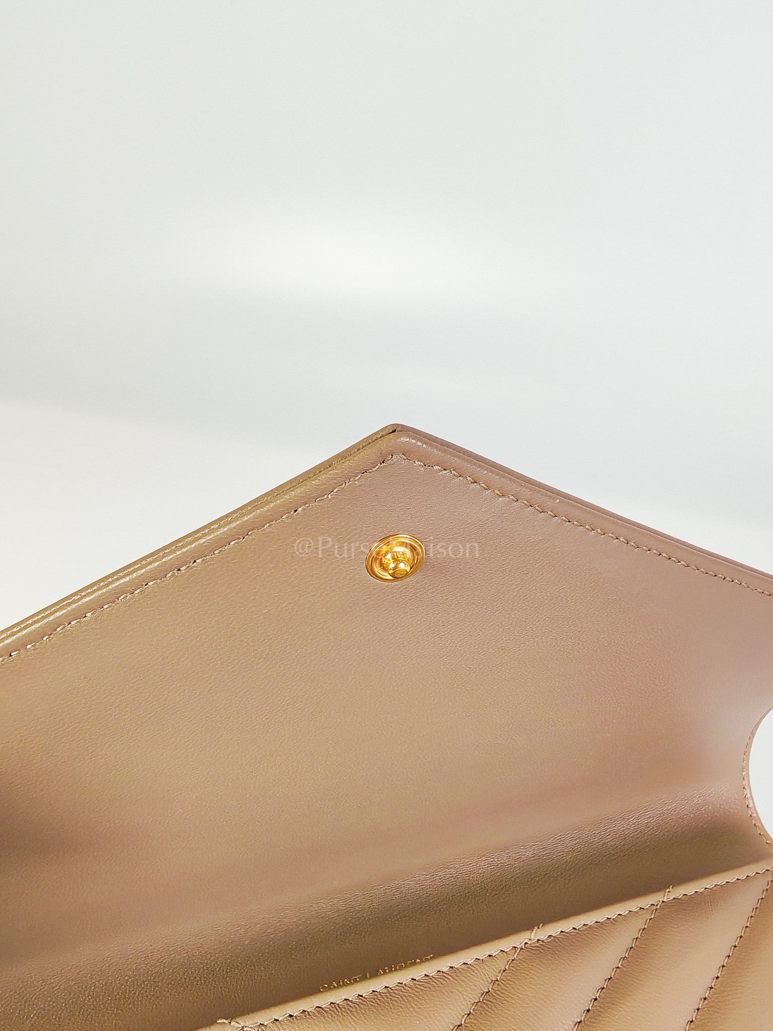 Envelope Clutch in Taupe Cassandre Matellase Calfskin Leather & Gold Hardware | Purse Maison Luxury Bags Shop