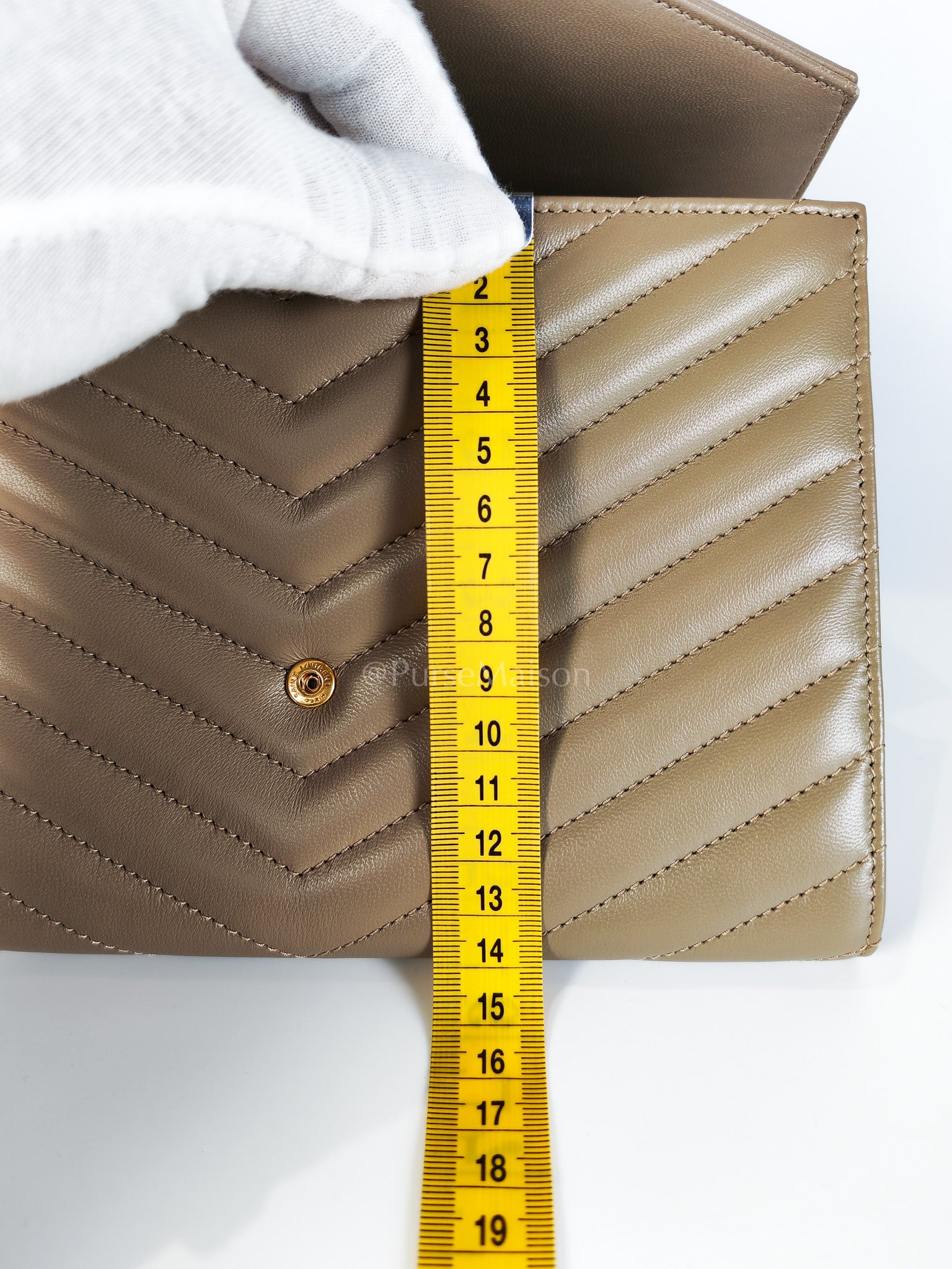 Envelope Clutch in Taupe Cassandre Matellase Calfskin Leather & Gold Hardware | Purse Maison Luxury Bags Shop