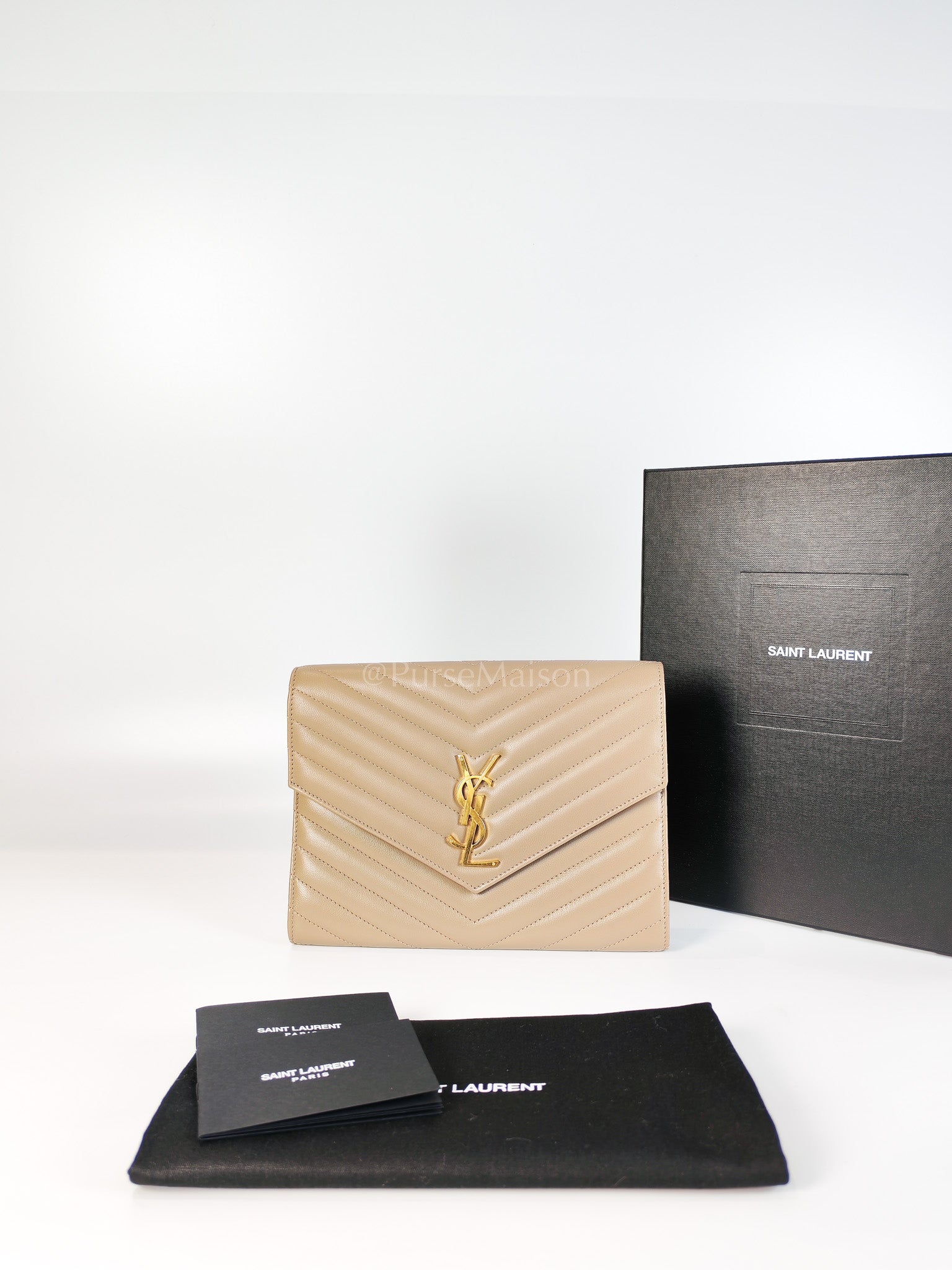 Envelope Clutch in Taupe Cassandre Matellase Calfskin Leather & Gold Hardware | Purse Maison Luxury Bags Shop