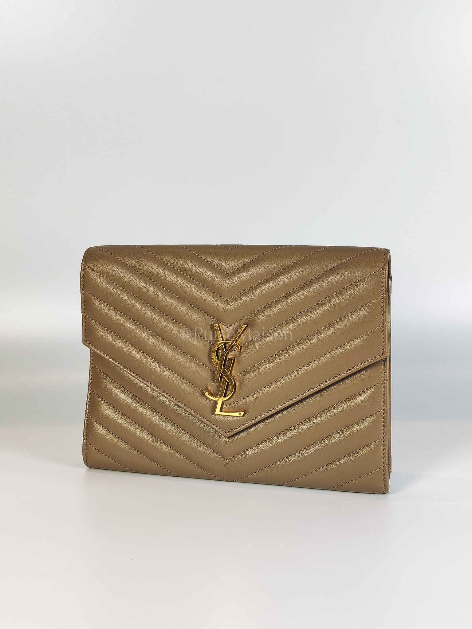 Envelope Clutch in Taupe Cassandre Matellase Calfskin Leather & Gold Hardware | Purse Maison Luxury Bags Shop