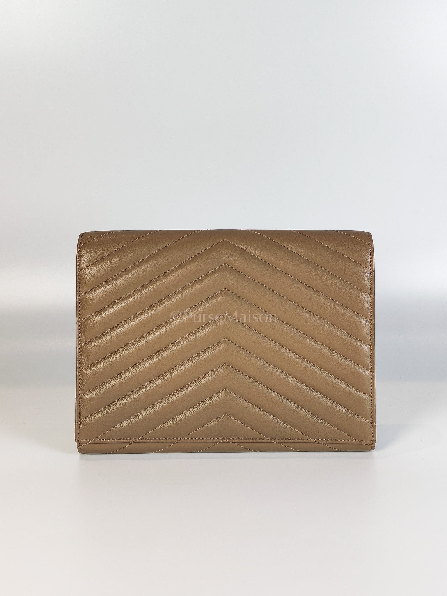 Envelope Clutch in Taupe Cassandre Matellase Calfskin Leather & Gold Hardware | Purse Maison Luxury Bags Shop