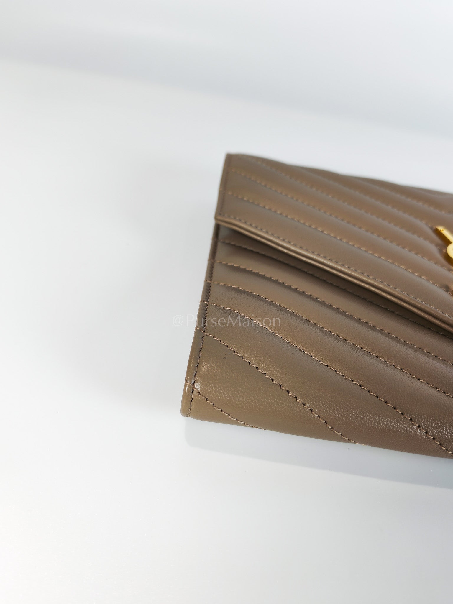 Envelope Clutch in Taupe Cassandre Matellase Calfskin Leather & Gold Hardware | Purse Maison Luxury Bags Shop