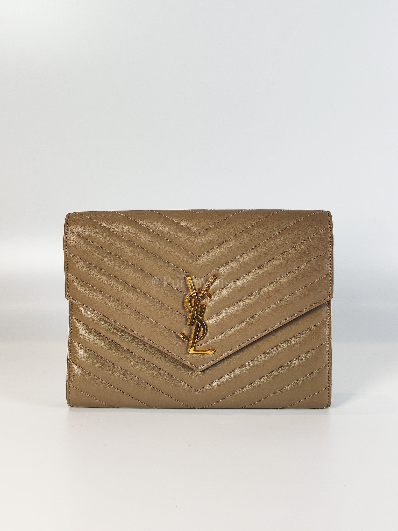 Envelope Clutch in Taupe Cassandre Matellase Calfskin Leather & Gold Hardware | Purse Maison Luxury Bags Shop
