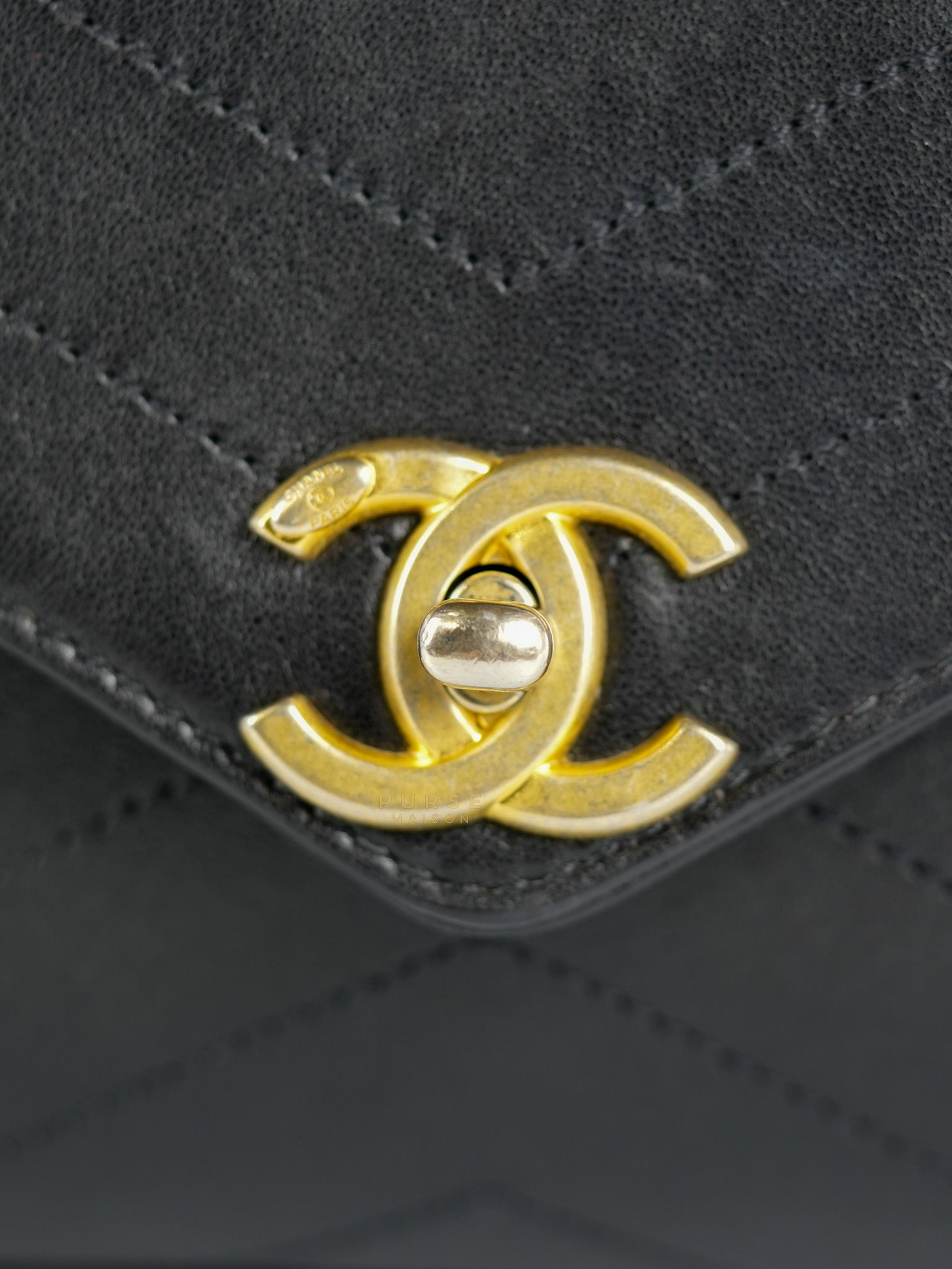 Envelope Flap Bag Small in Black Chevron Lambskin Leather Aged Gold Hardware(Series 25) | Purse Maison Luxury Bags Shop