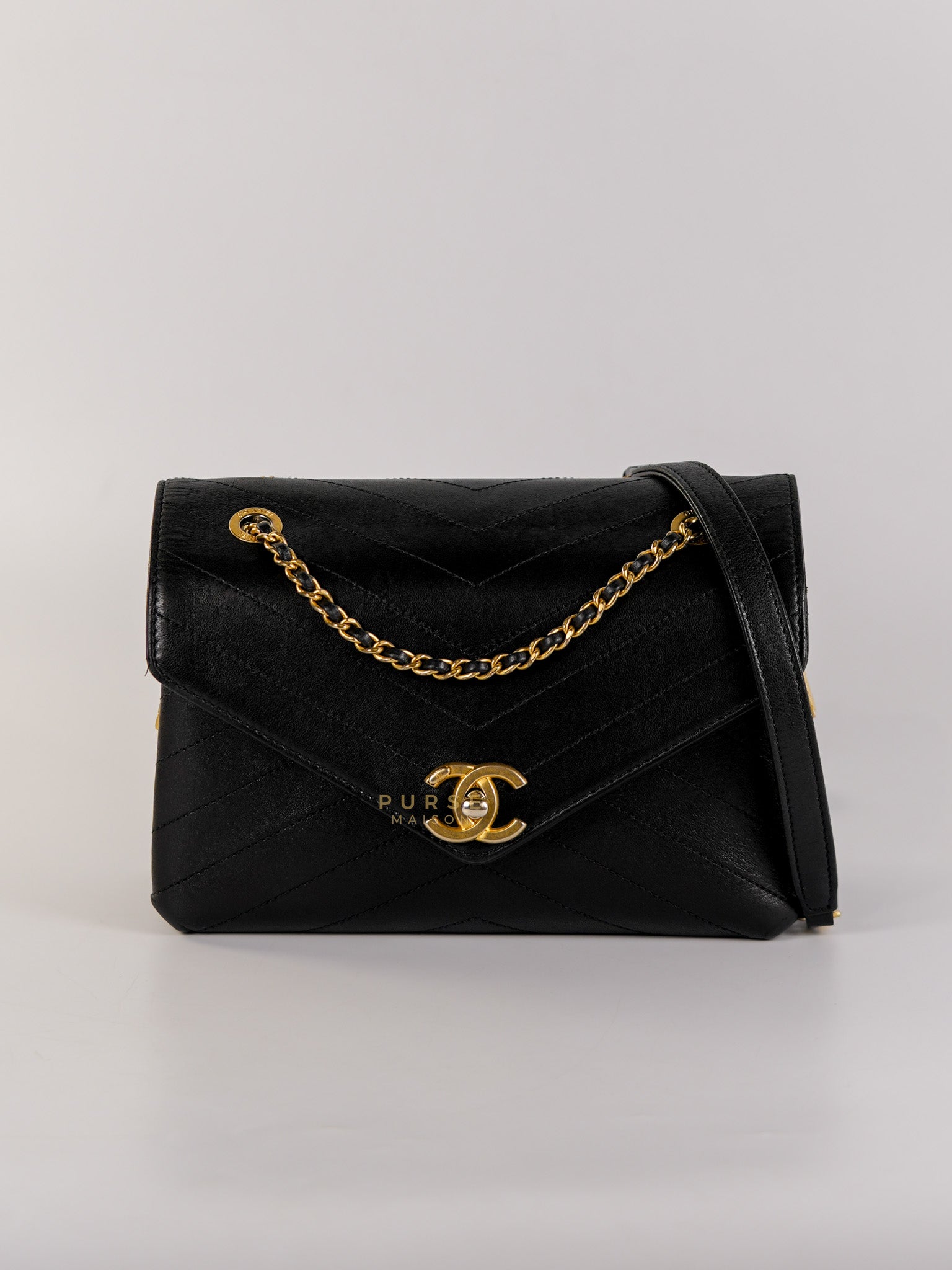 Envelope Flap Bag Small in Black Chevron Lambskin Leather Aged Gold Hardware(Series 25) | Purse Maison Luxury Bags Shop