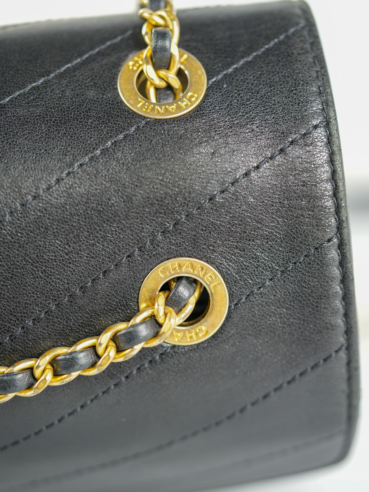 Envelope Flap Bag Small in Black Chevron Lambskin Leather Aged Gold Hardware(Series 25) | Purse Maison Luxury Bags Shop