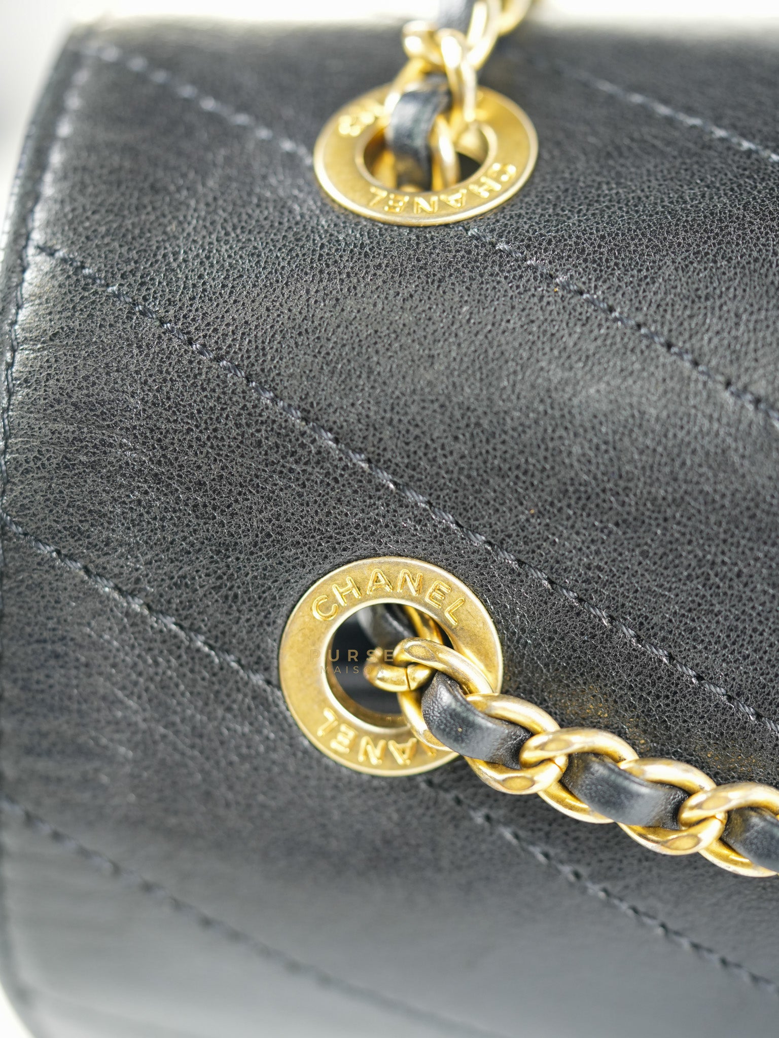 Envelope Flap Bag Small in Black Chevron Lambskin Leather Aged Gold Hardware(Series 25) | Purse Maison Luxury Bags Shop