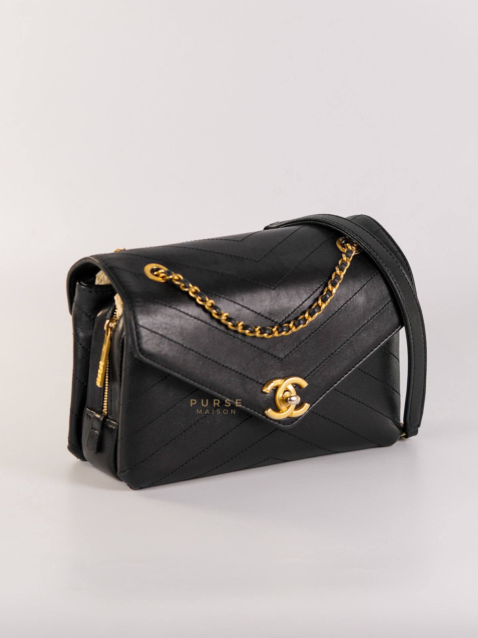 Envelope Flap Bag Small in Black Chevron Lambskin Leather Aged Gold Hardware(Series 25) | Purse Maison Luxury Bags Shop