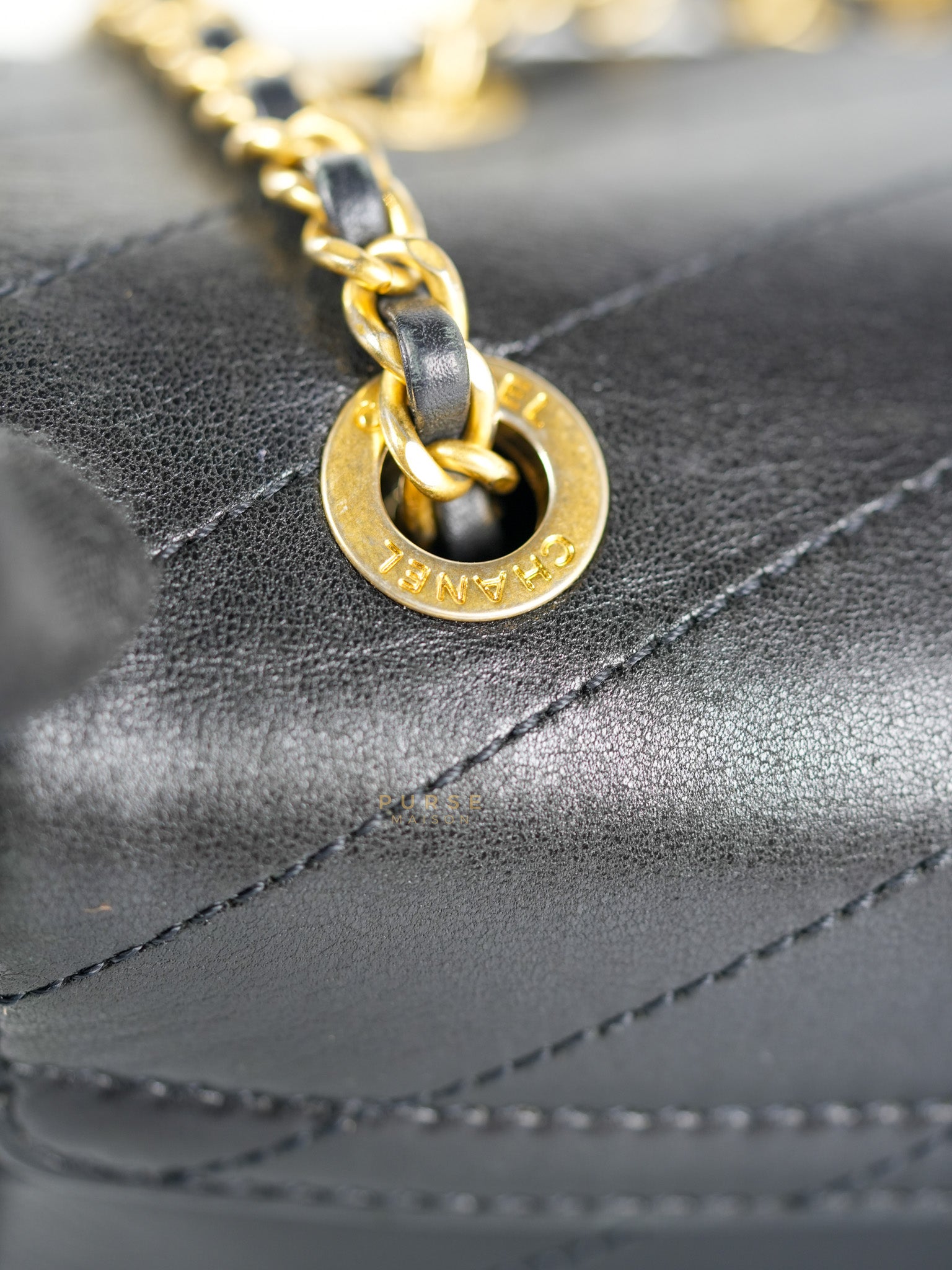 Envelope Flap Bag Small in Black Chevron Lambskin Leather Aged Gold Hardware(Series 25) | Purse Maison Luxury Bags Shop