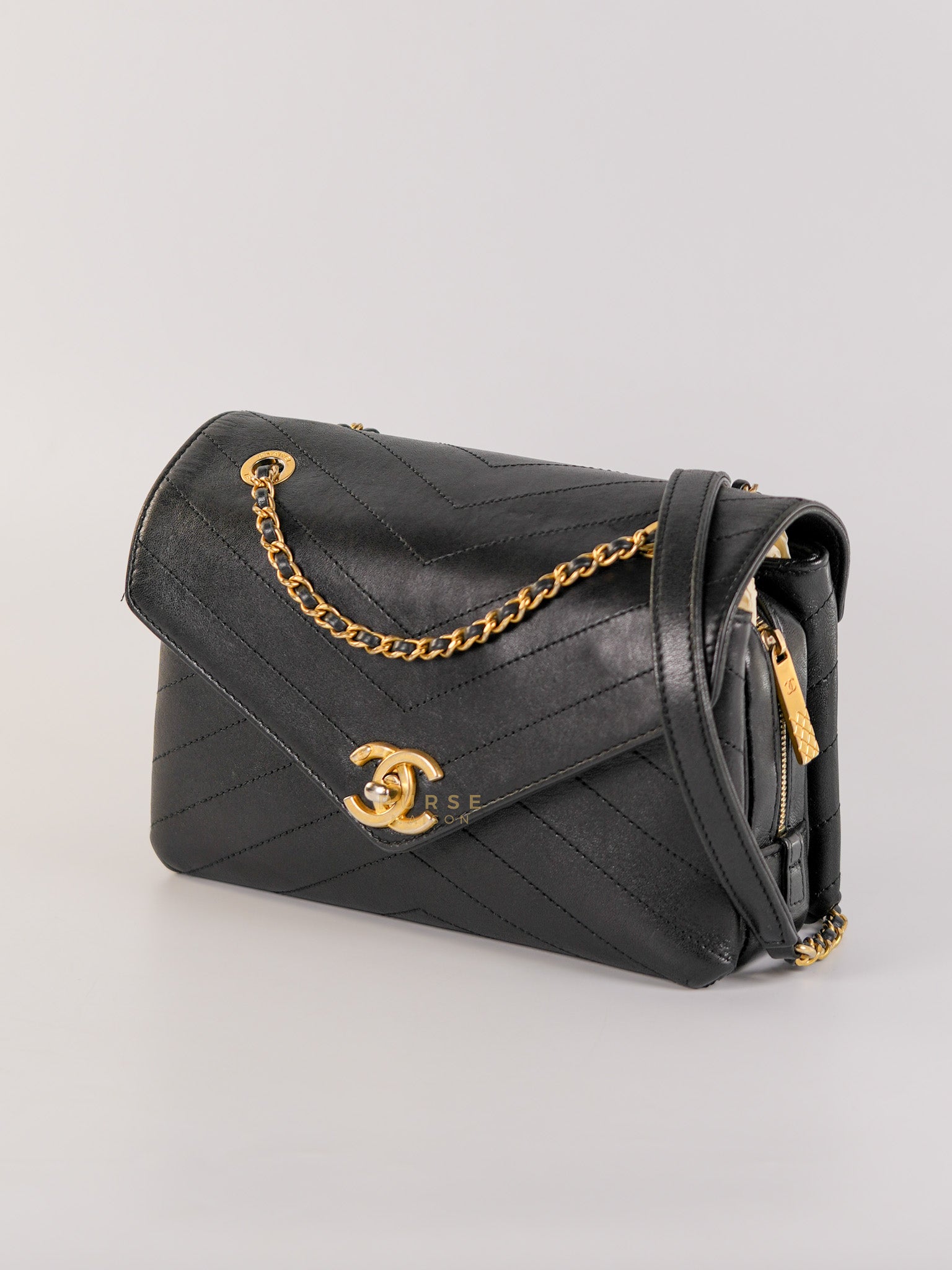 Envelope Flap Bag Small in Black Chevron Lambskin Leather Aged Gold Hardware(Series 25) | Purse Maison Luxury Bags Shop
