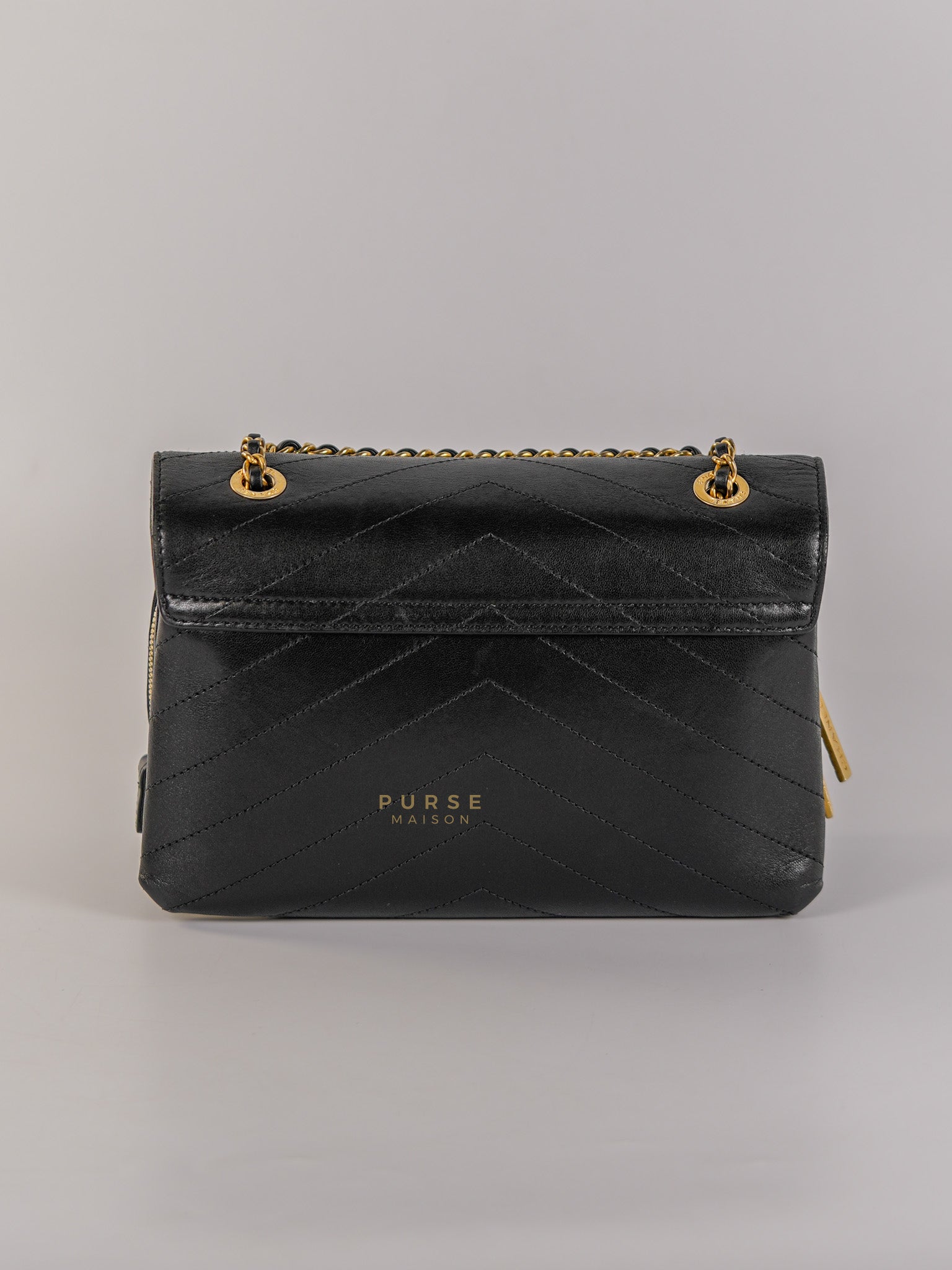 Envelope Flap Bag Small in Black Chevron Lambskin Leather Aged Gold Hardware(Series 25) | Purse Maison Luxury Bags Shop