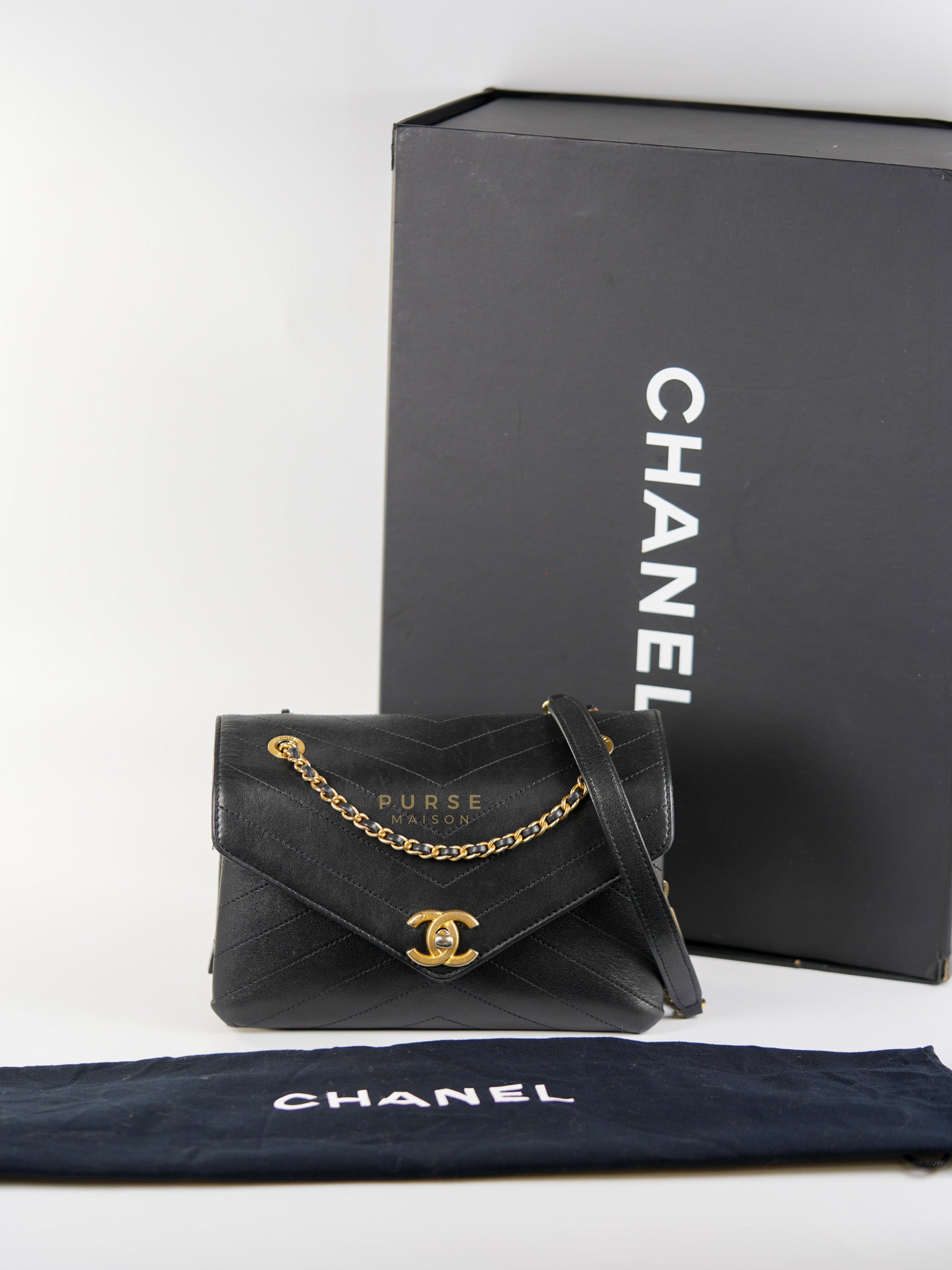 Envelope Flap Bag Small in Black Chevron Lambskin Leather Aged Gold Hardware(Series 25) | Purse Maison Luxury Bags Shop