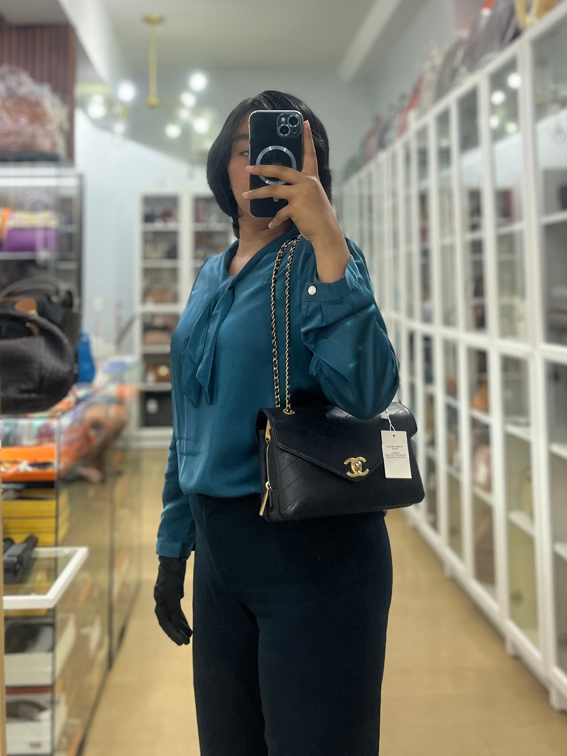 Envelope Flap Bag Small in Black Chevron Lambskin Leather Aged Gold Hardware(Series 25) | Purse Maison Luxury Bags Shop