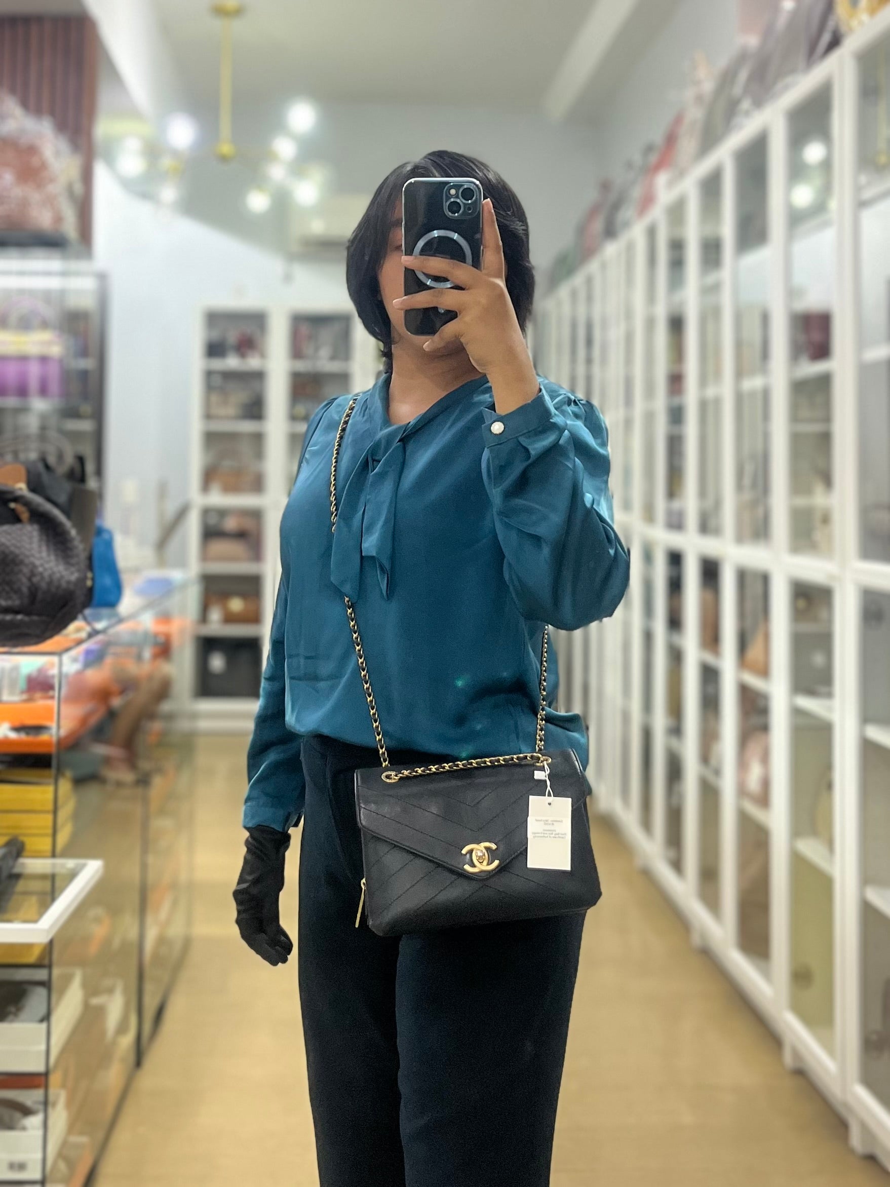 Envelope Flap Bag Small in Black Chevron Lambskin Leather Aged Gold Hardware(Series 25) | Purse Maison Luxury Bags Shop