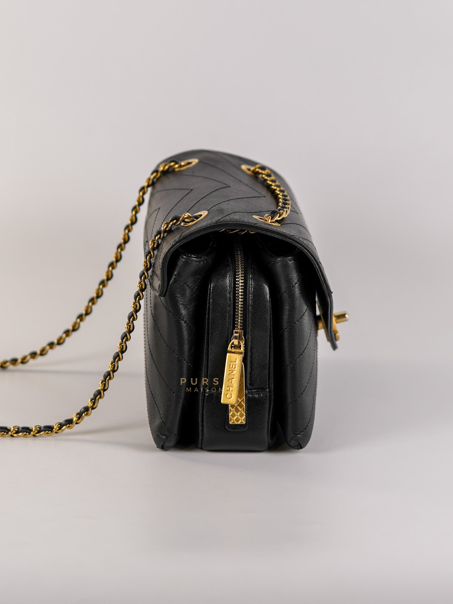 Envelope Flap Bag Small in Black Chevron Lambskin Leather Aged Gold Hardware(Series 25) | Purse Maison Luxury Bags Shop