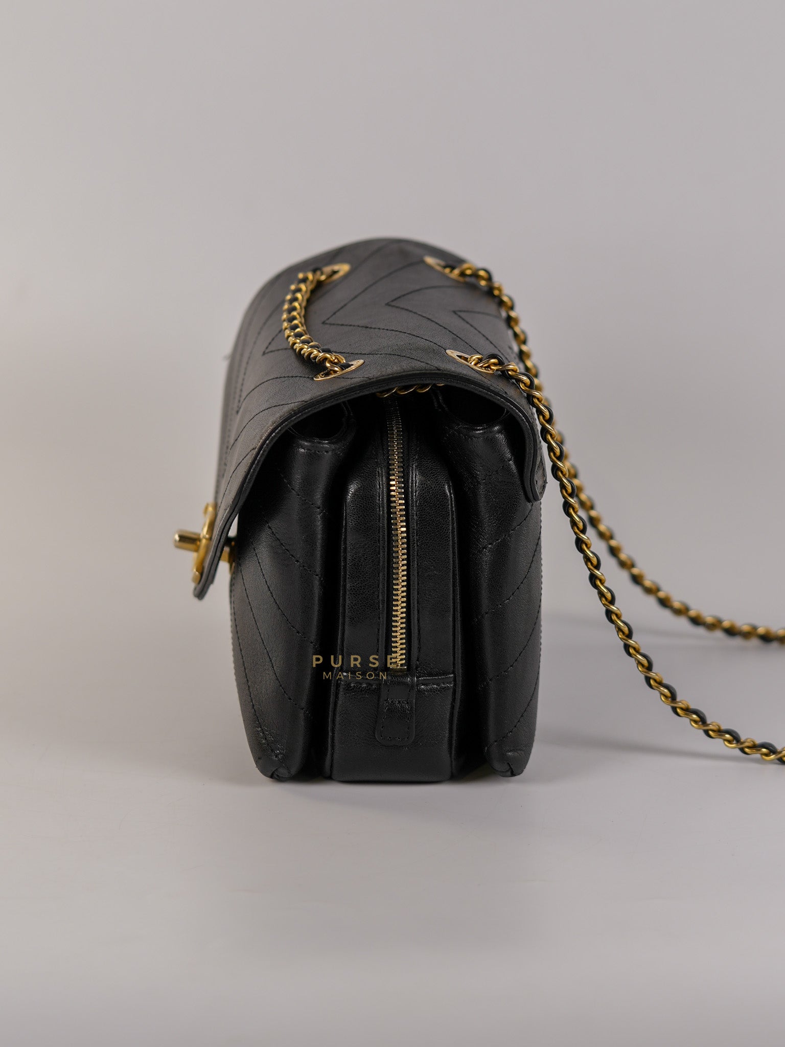 Envelope Flap Bag Small in Black Chevron Lambskin Leather Aged Gold Hardware(Series 25) | Purse Maison Luxury Bags Shop