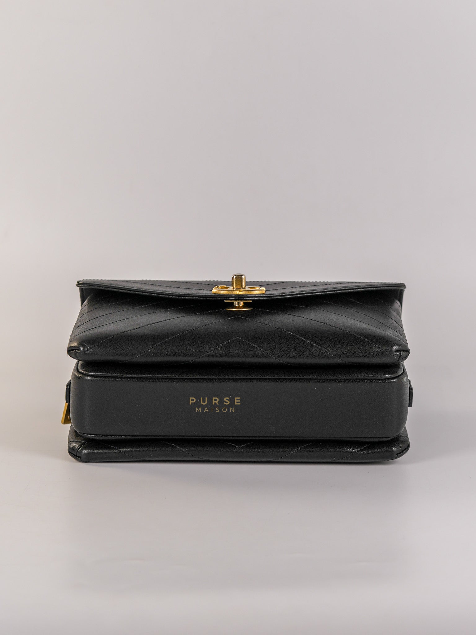Envelope Flap Bag Small in Black Chevron Lambskin Leather Aged Gold Hardware(Series 25) | Purse Maison Luxury Bags Shop
