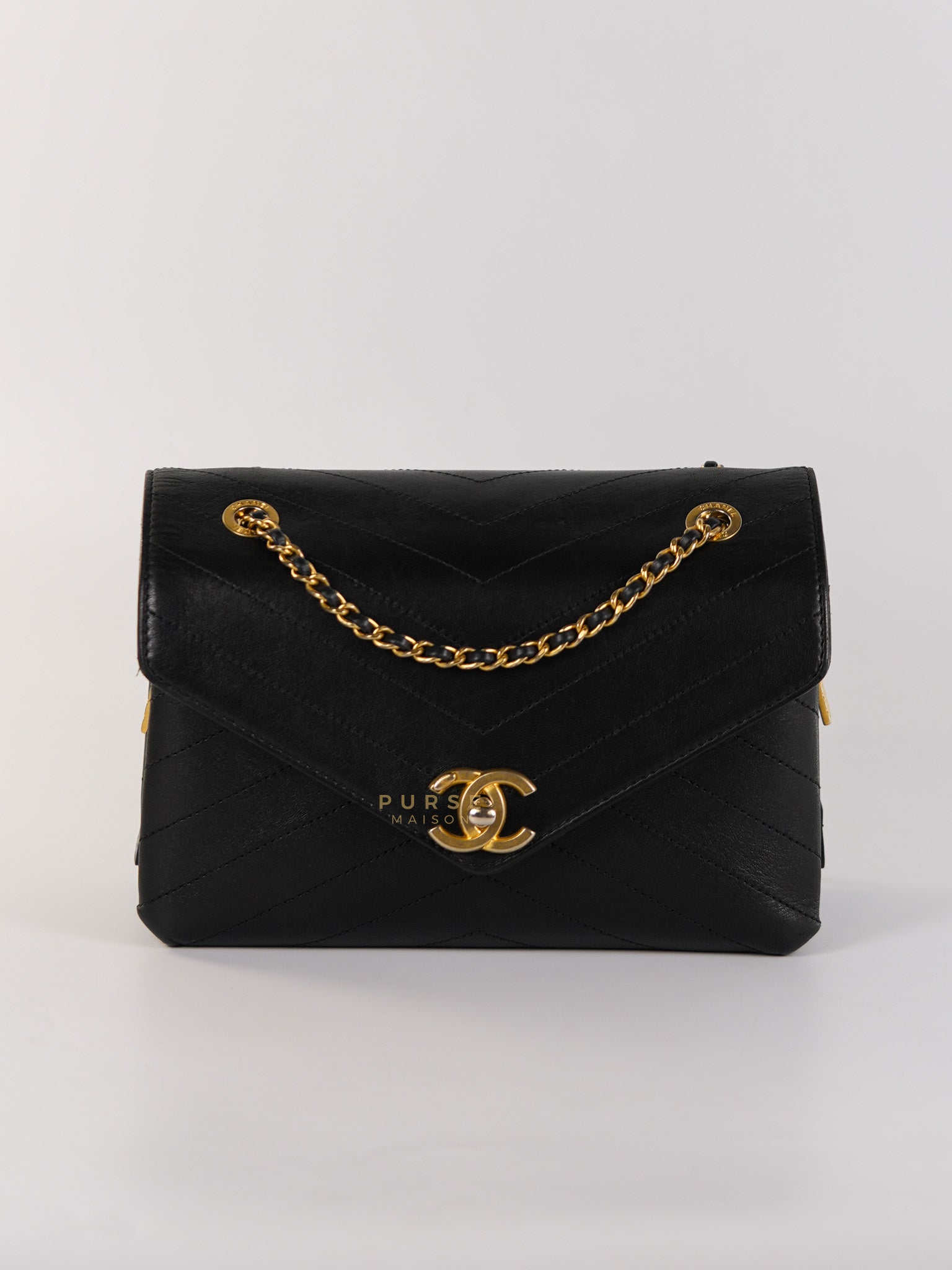Envelope Flap Bag Small in Black Chevron Lambskin Leather Aged Gold Hardware(Series 25) | Purse Maison Luxury Bags Shop